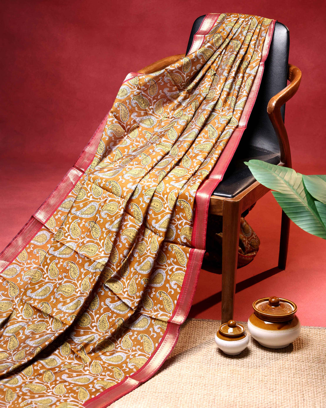 Elegant Semi Chanderi Saree with Paisley Inspired Print and Contrast Zari Border - Mustard