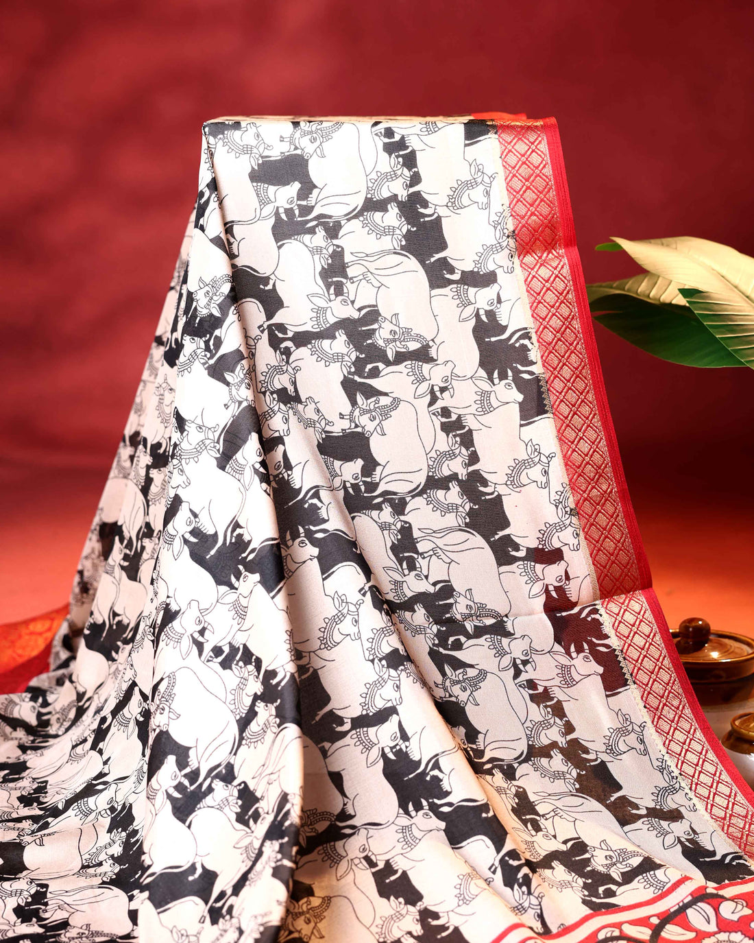 Elegant Semi Chanderi Saree with Traditional Animal Motif Print and Contrasting Zari Woven Border - Multi