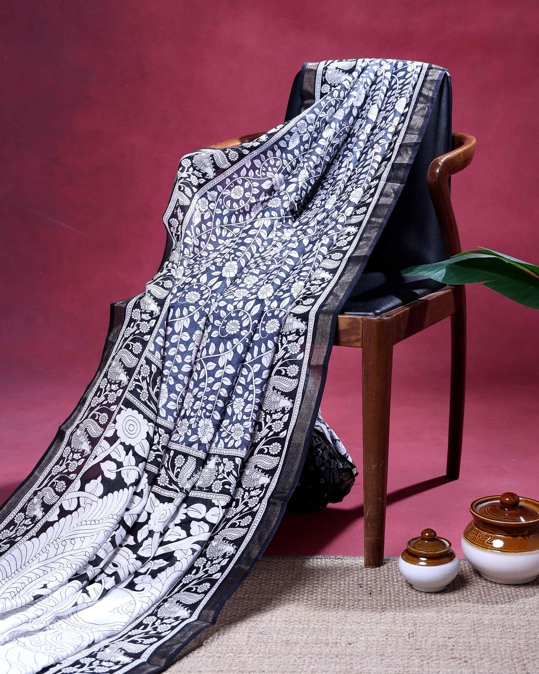 Elegant Semi Chanderi Saree with Traditional Floral & Bird Motifs and Contrast Woven Border - Black