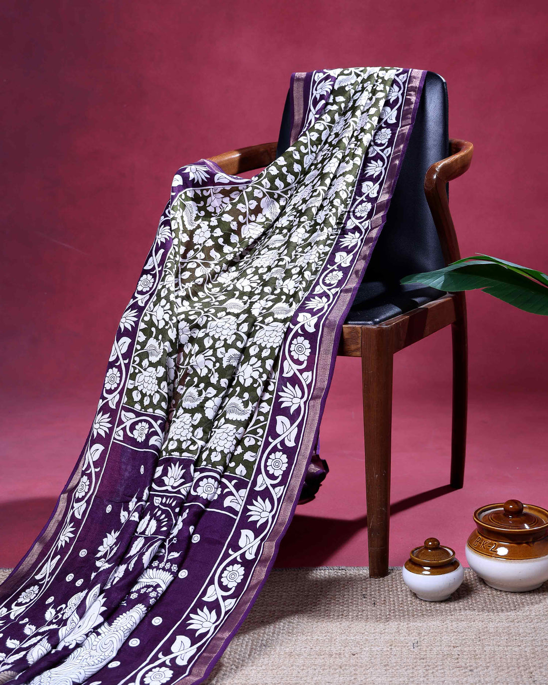Elegant Semi Chanderi Saree with Traditional Floral Motifs and Contrast Woven Border - Green