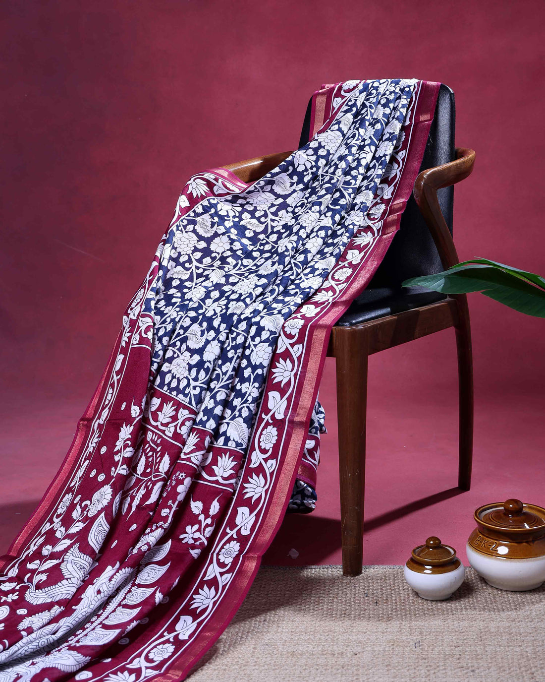Elegant Semi Chanderi Saree with Traditional Floral Motifs and Intricately Contrast Woven Border - Navy Blue