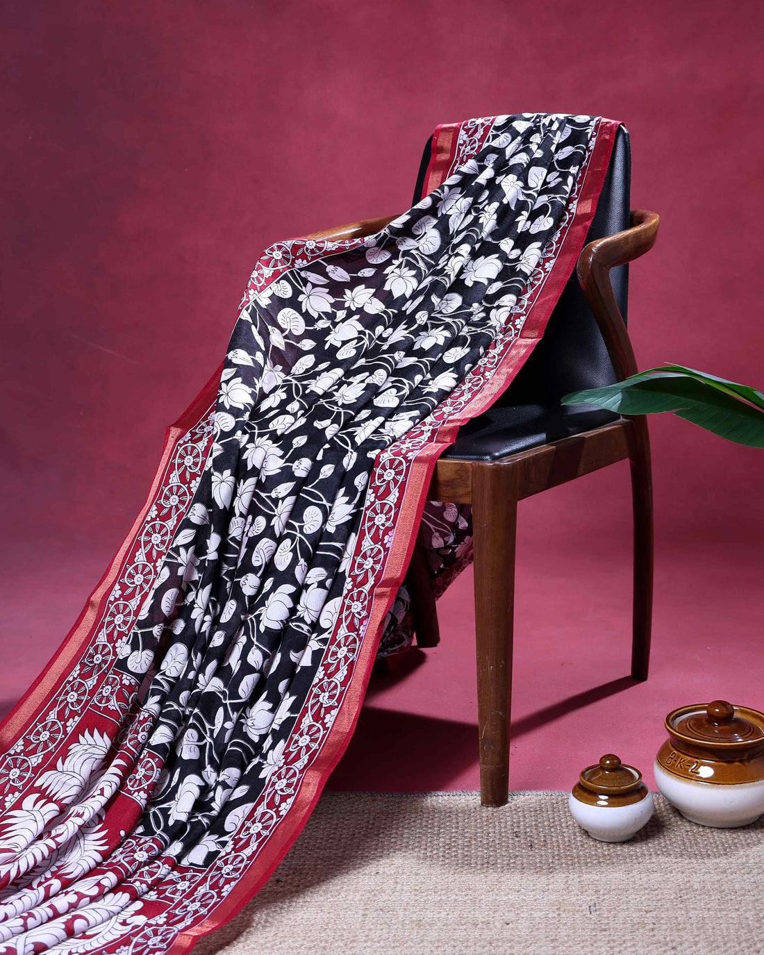 Elegant Semi Chanderi Saree with Traditional Floral Motifs and Ornate Contrast Woven Border - Black