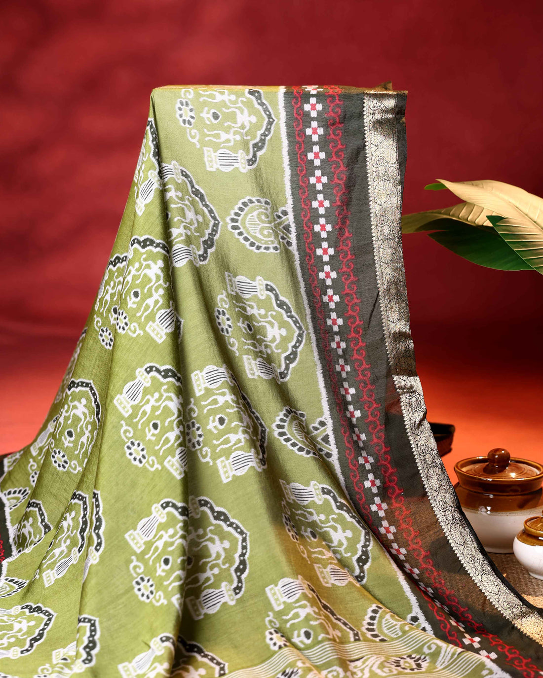 Elegant Semi Chanderi Saree with Traditional Floral Motifs and Zari Woven Contrast Border - Green