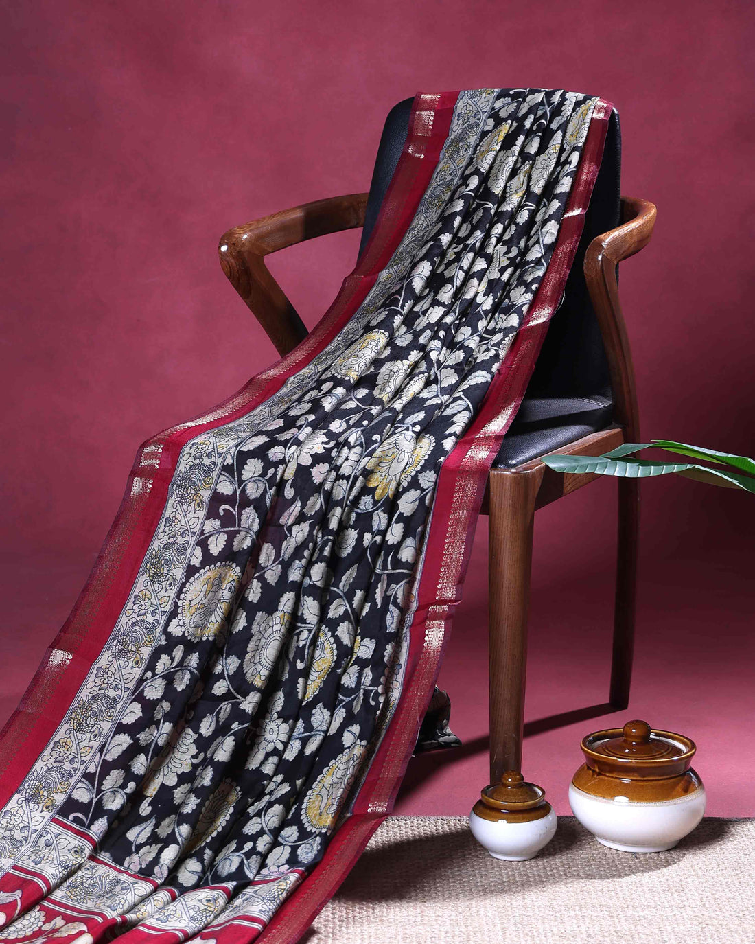 Elegant Semi Chanderi Saree with Traditional Floral Vines and Mythical Bird Motifs with Ornate Woven Border - Black