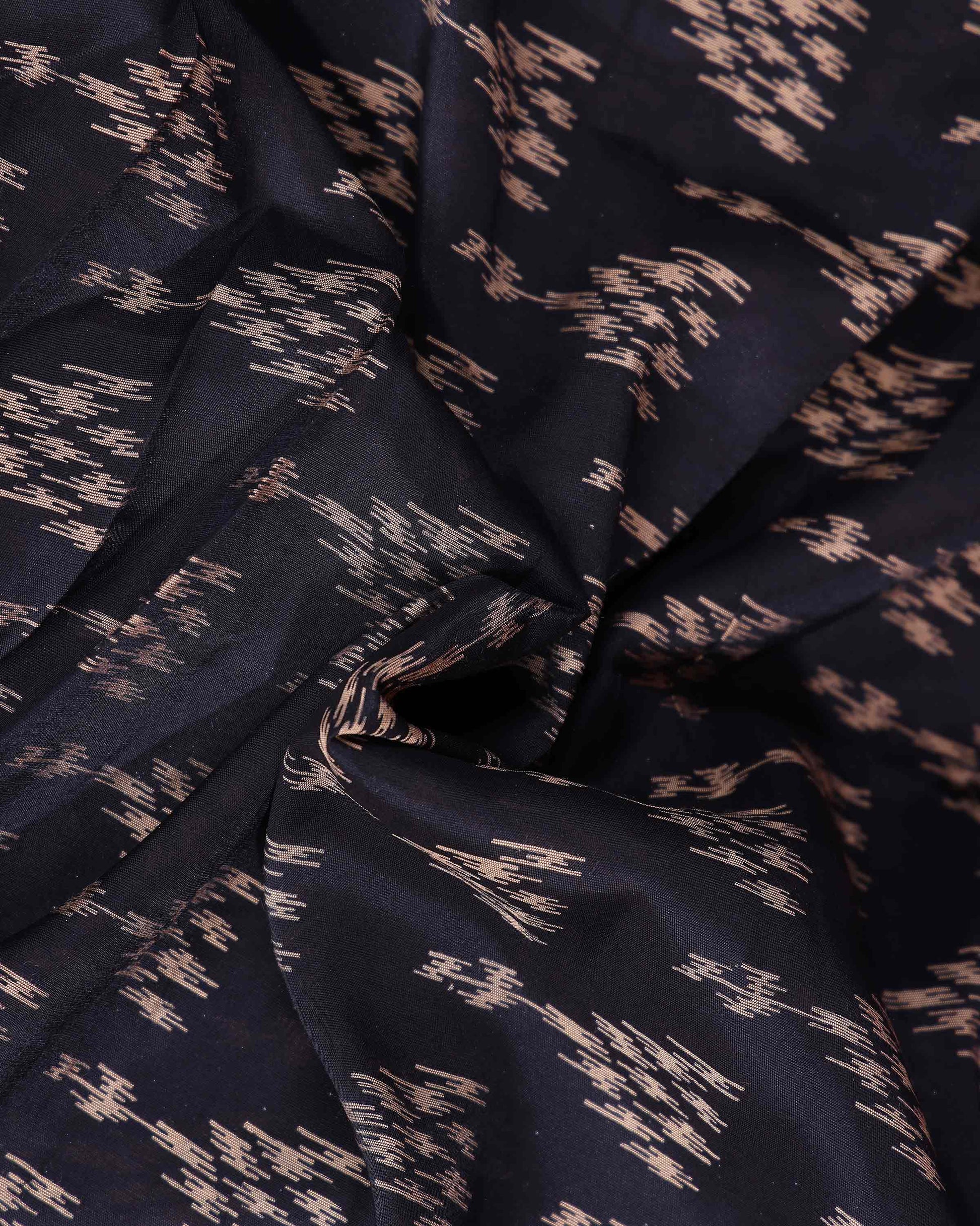 Elegant Semi Chanderi Saree with Traditional Ikkat Inspired Buti Weaving and Intricate Geometric Temple Border -Black- Close Up