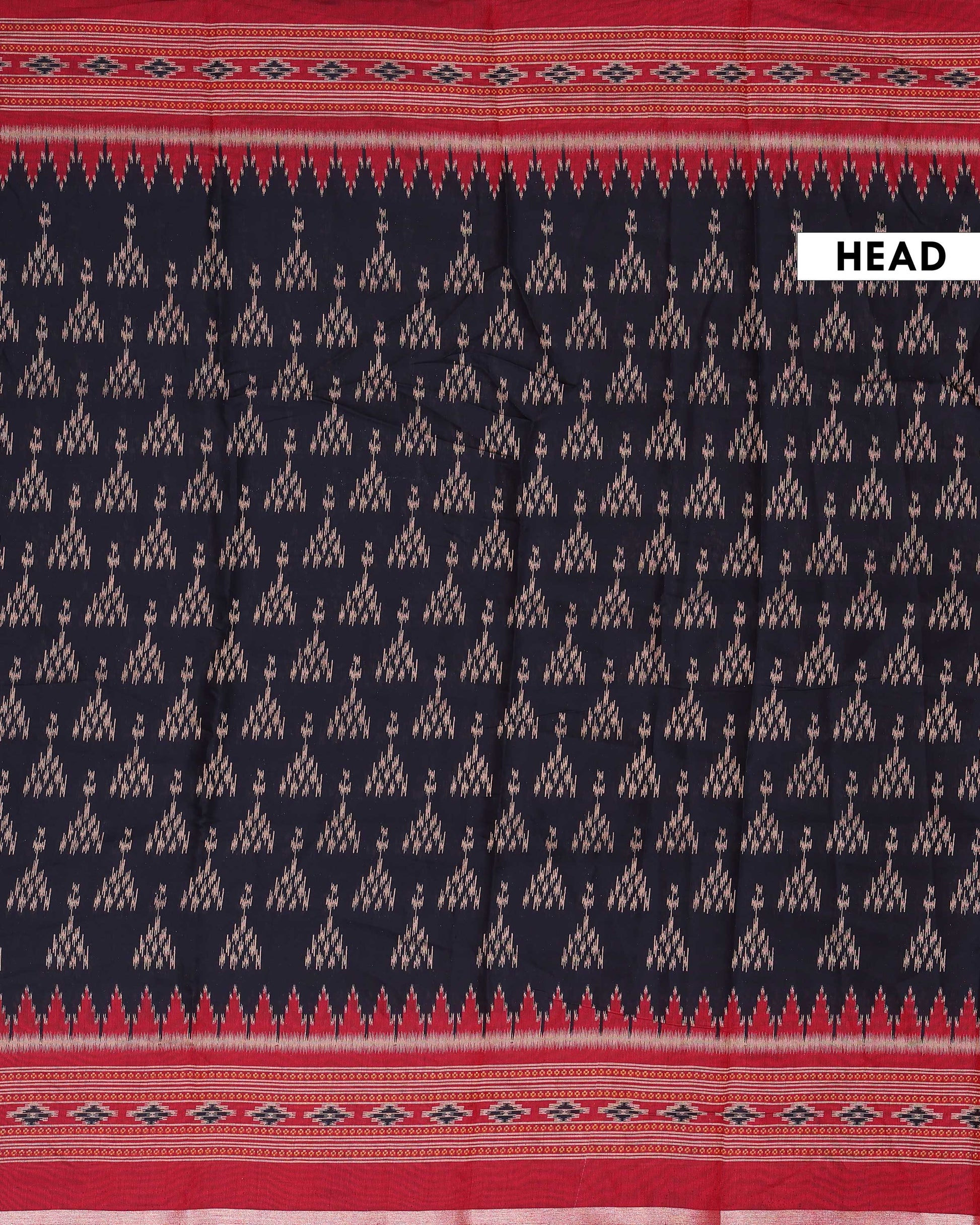 Elegant Semi Chanderi Saree with Traditional Ikkat Inspired Buti Weaving and Intricate Geometric Temple Border - Black-Head