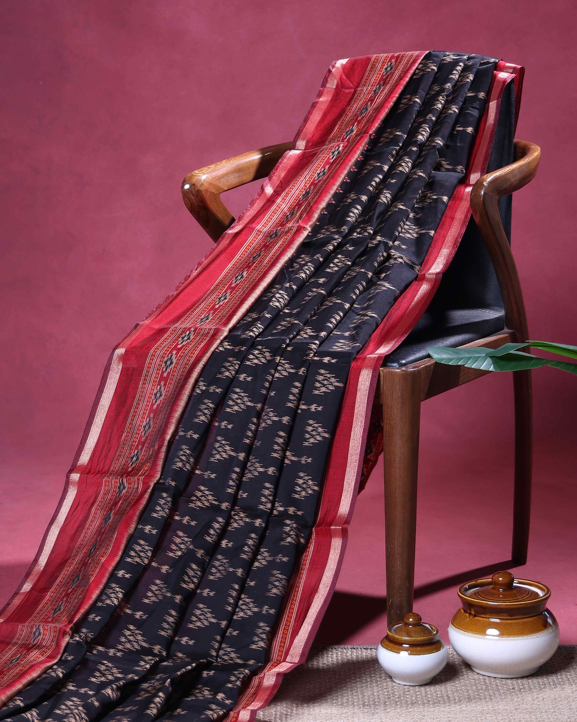 Elegant Semi Chanderi Saree with Traditional Ikkat Inspired Buti Weaving and Intricate Geometric Temple Border - Black