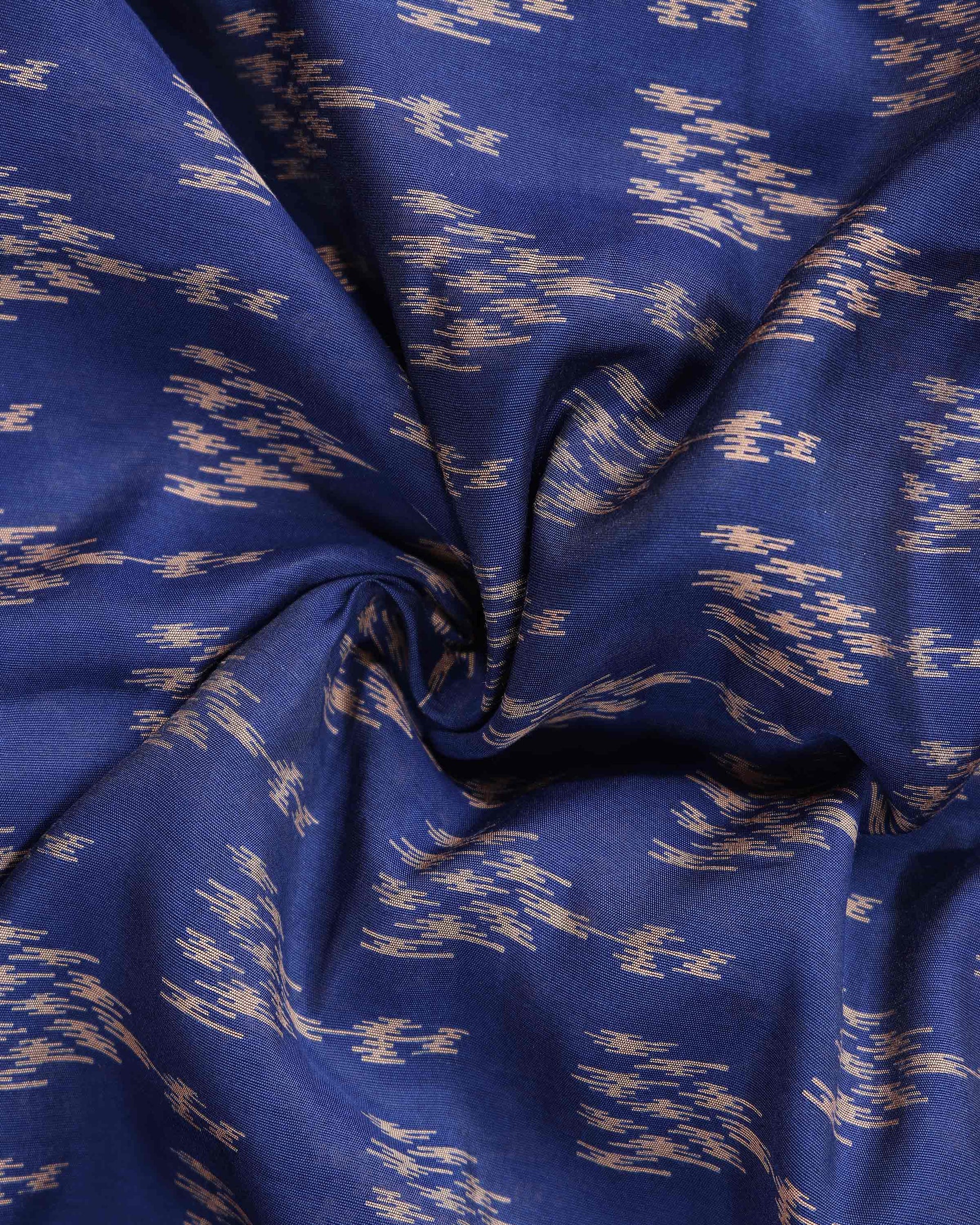 Elegant Semi Chanderi Saree with Traditional Ikkat Inspired Buti Weaving and Intricate Geometric Temple Border - Blue-Close Up