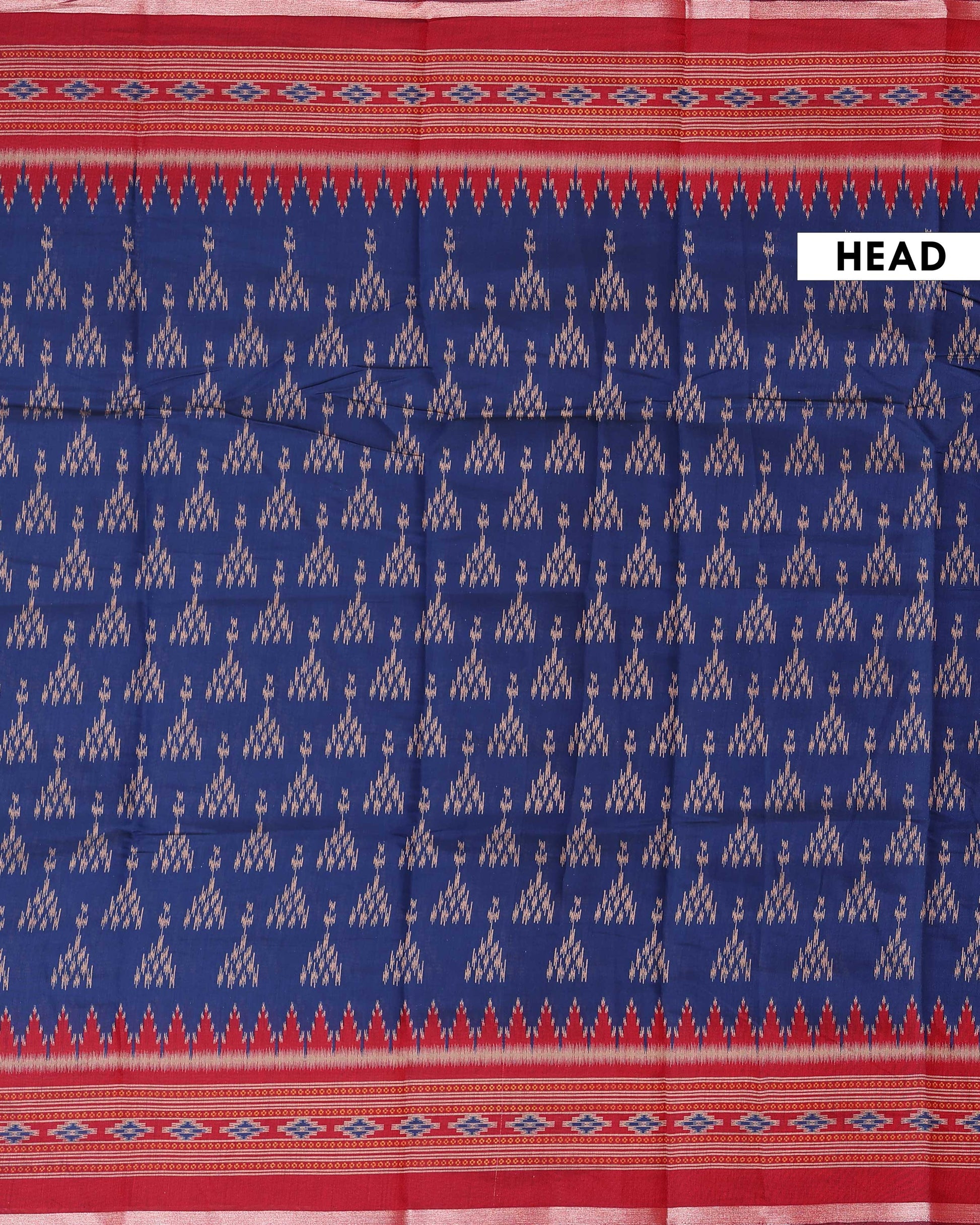 Elegant Semi Chanderi Saree with Traditional Ikkat Inspired Buti Weaving and Intricate Geometric Temple Border - Blue-Head