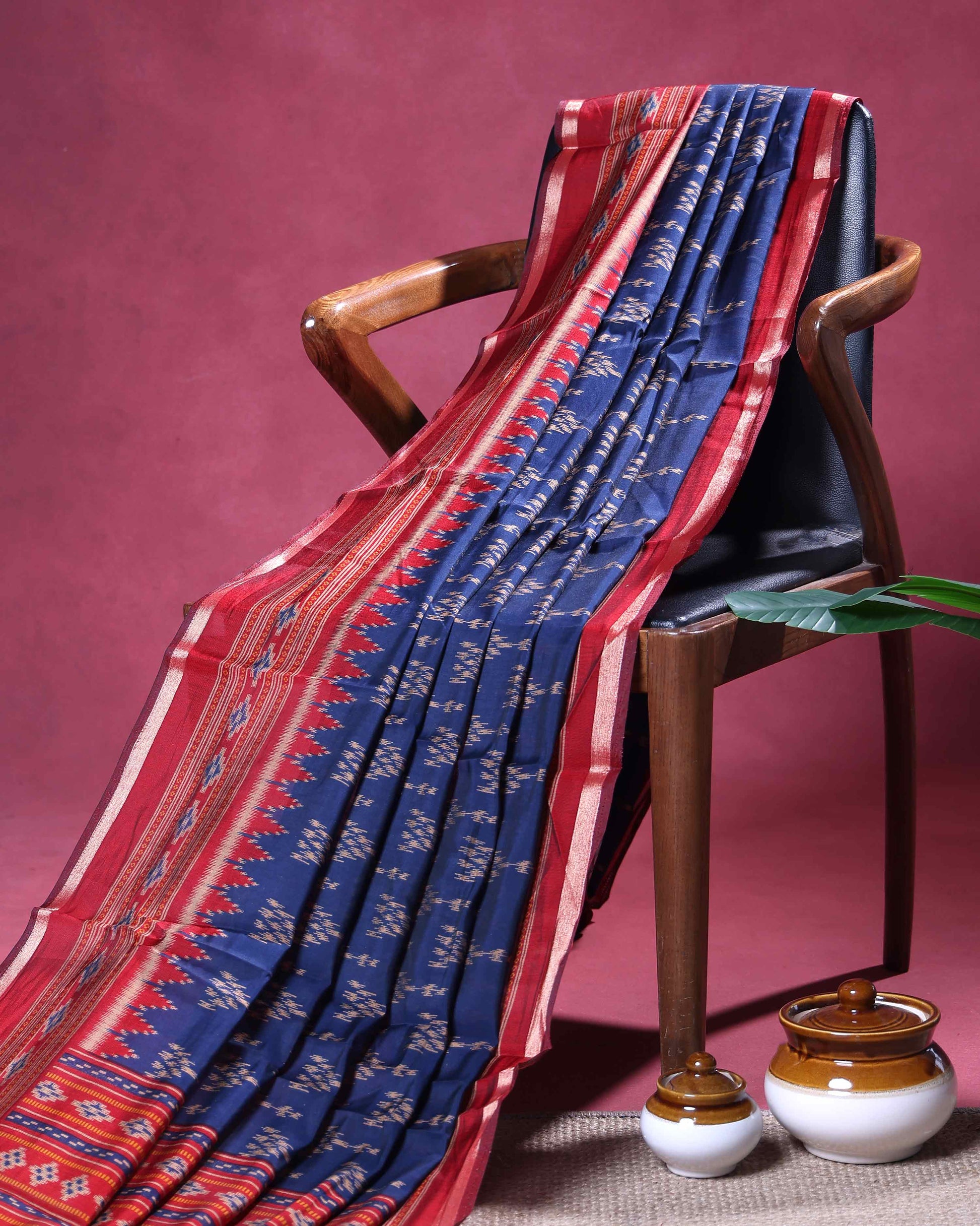 Elegant Semi Chanderi Saree with Traditional Ikkat Inspired Buti Weaving and Intricate Geometric Temple Border - Blue