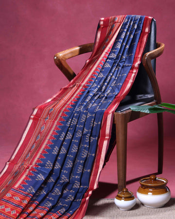 Elegant Semi Chanderi Saree with Traditional Ikkat Inspired Buti Weaving and Intricate Geometric Temple Border - Blue