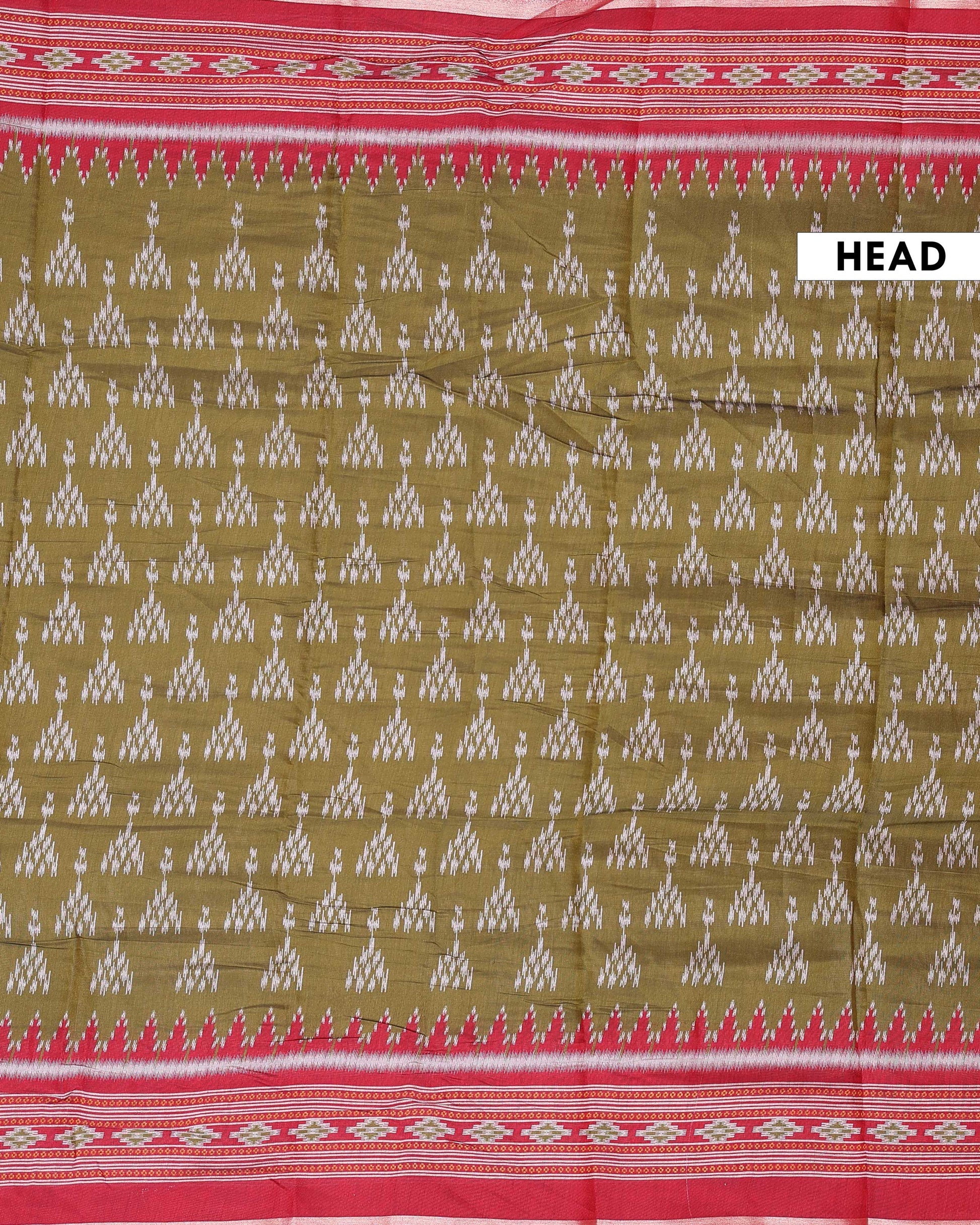 Elegant Semi Chanderi Saree with Traditional Ikkat Inspired Buti Weaving and Intricate Geometric Temple Border - Green-Head