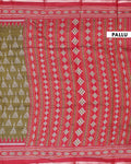 Elegant Semi Chanderi Saree with Traditional Ikkat Inspired Buti Weaving and Intricate Geometric Temple Border - Green-Pallu