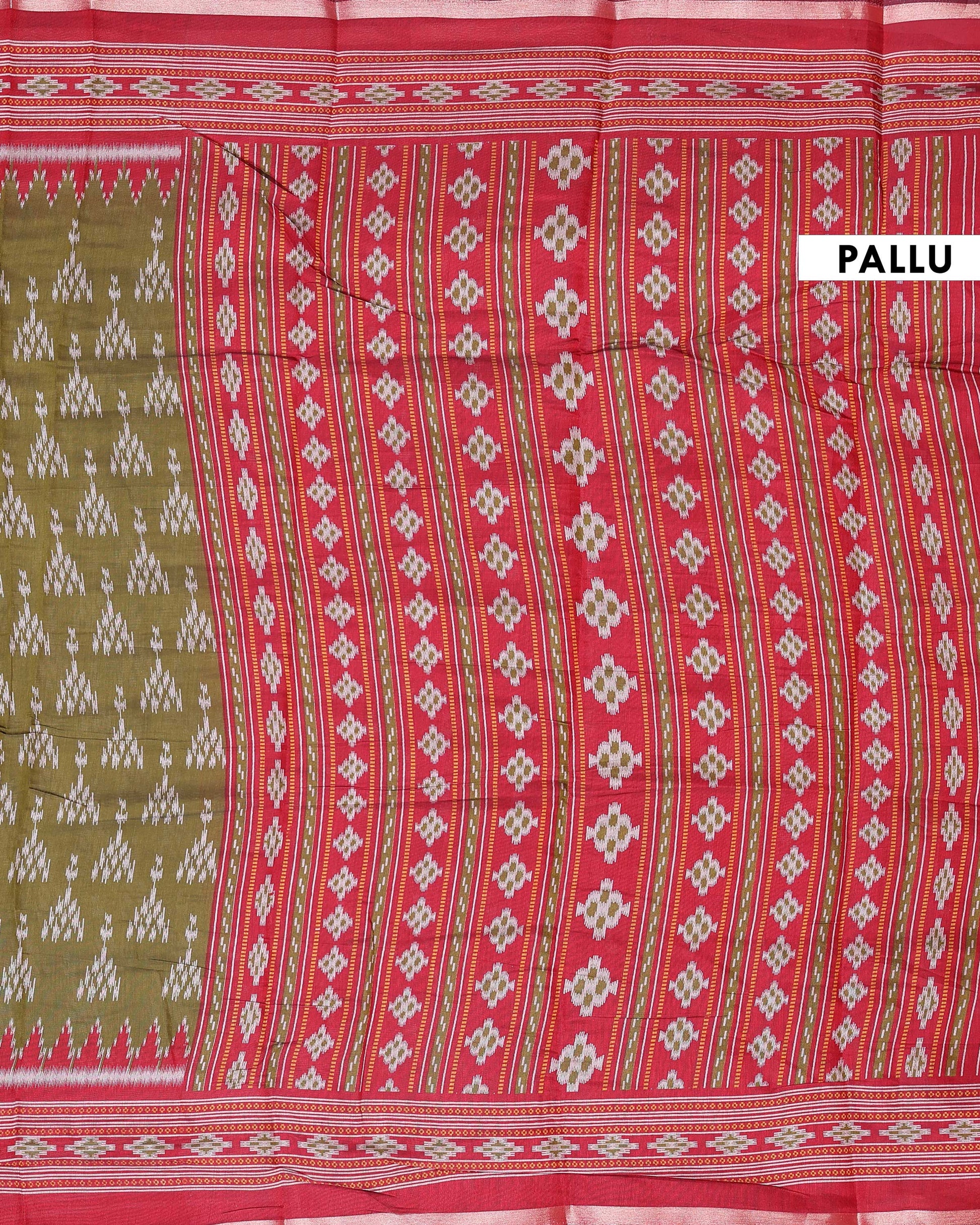Elegant Semi Chanderi Saree with Traditional Ikkat Inspired Buti Weaving and Intricate Geometric Temple Border - Green-Pallu