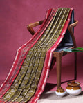 Elegant Semi Chanderi Saree with Traditional Ikkat Inspired Buti Weaving and Intricate Geometric Temple Border - Green