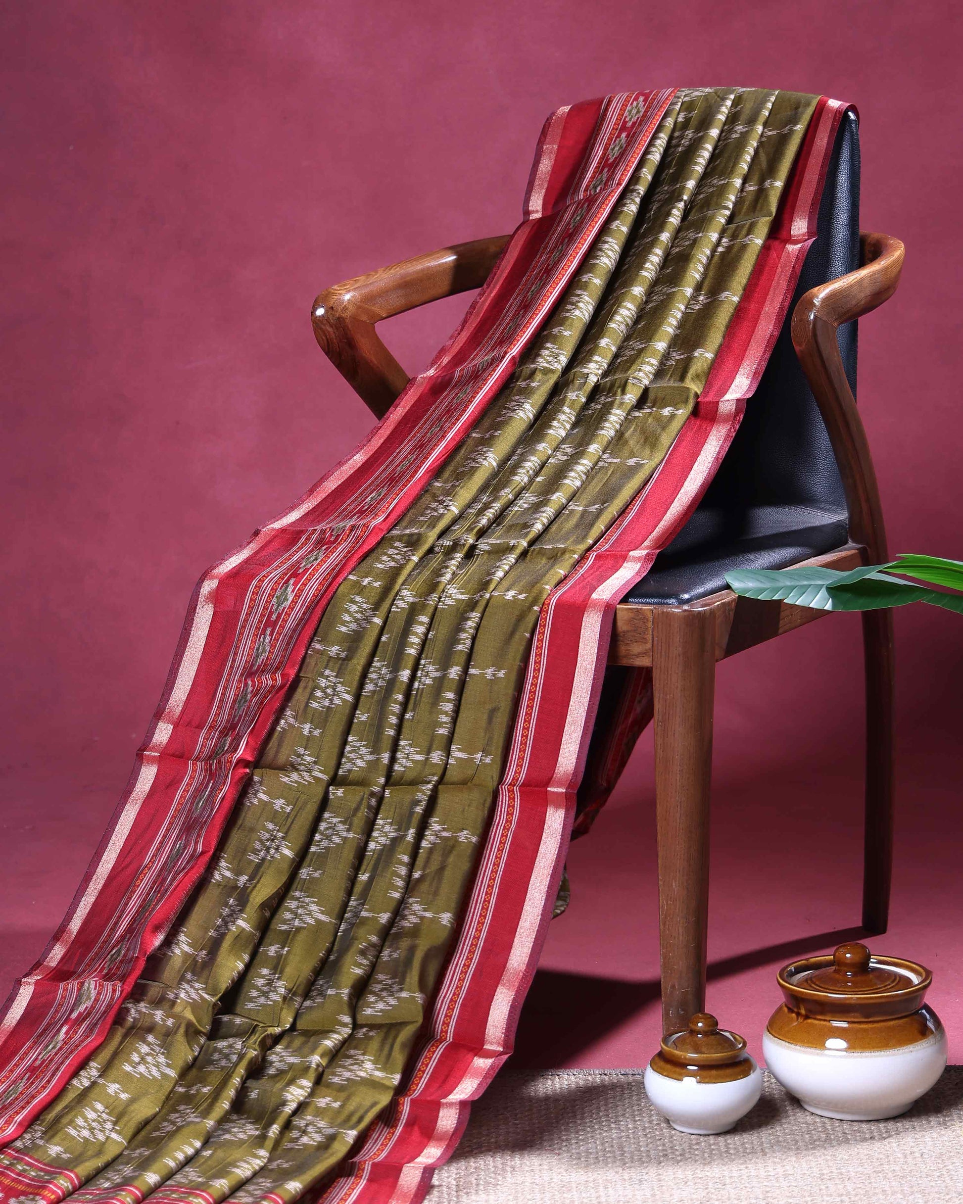 Elegant Semi Chanderi Saree with Traditional Ikkat Inspired Buti Weaving and Intricate Geometric Temple Border - Green