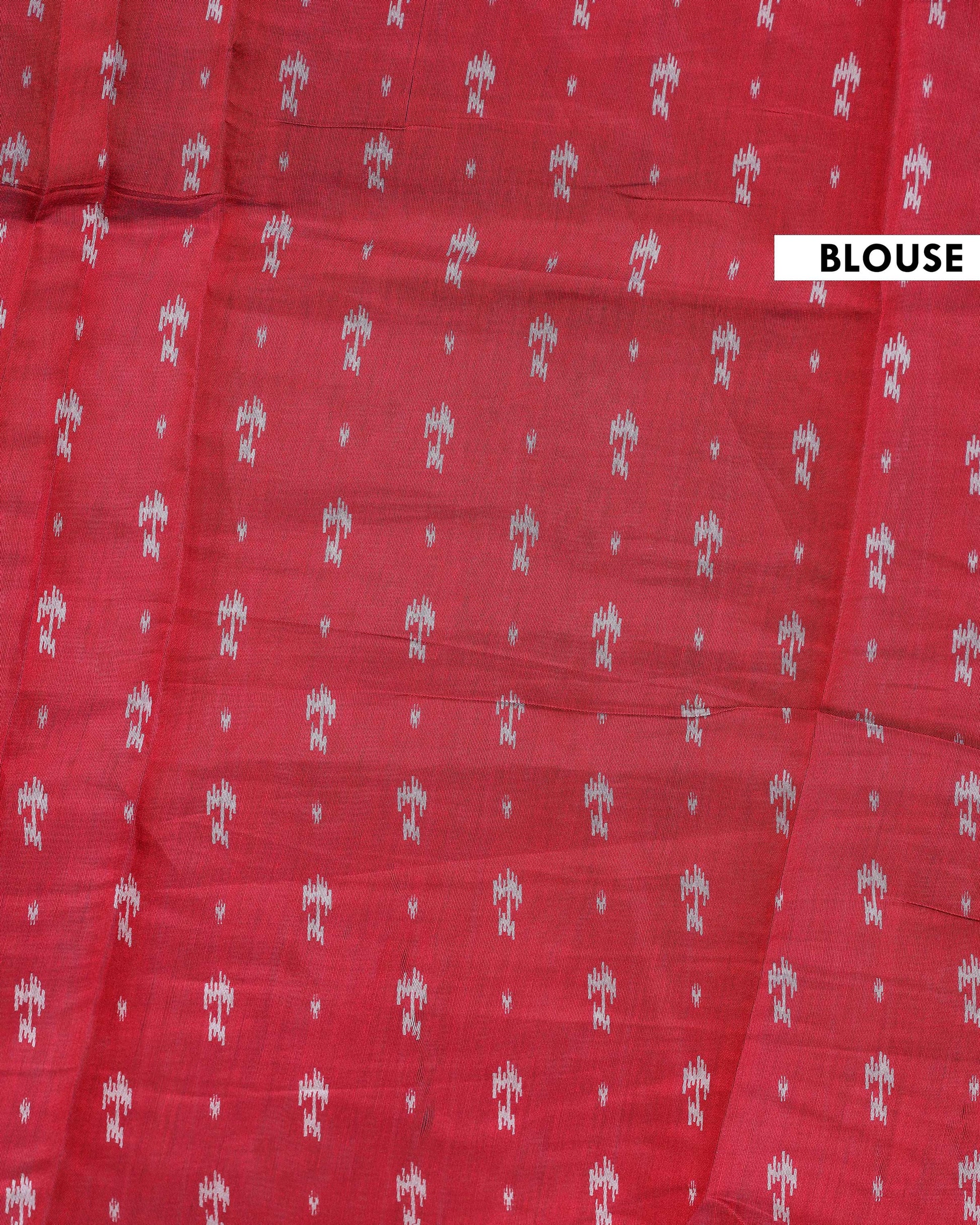 Elegant Semi Chanderi Saree with Traditional Ikkat Inspired Buti Weaving and Intricate Geometric Temple Border - Red-Blouse
