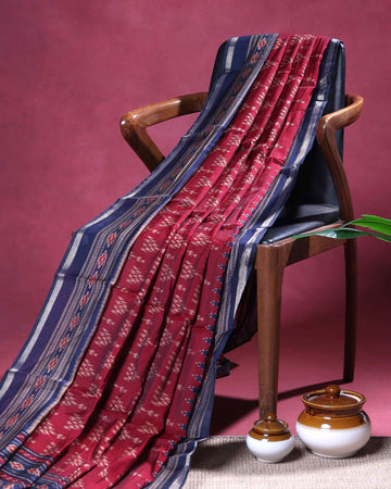 Elegant Semi Chanderi Saree with Traditional Ikkat Inspired Buti Weaving and Intricate Geometric Temple Border - Red