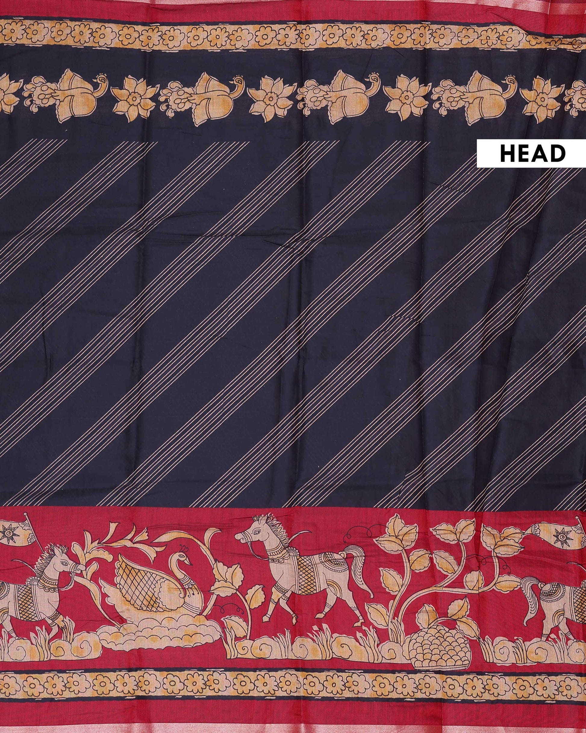 Elegant Semi Chanderi Saree with Traditional Kalamkari Inspired Border Diagonal Striped Body & Mythical Motif Pallu - Black-Head