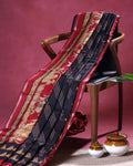 Elegant Semi Chanderi Saree with Traditional Kalamkari Inspired Border Diagonal Striped Body & Mythical Motif Pallu - Black