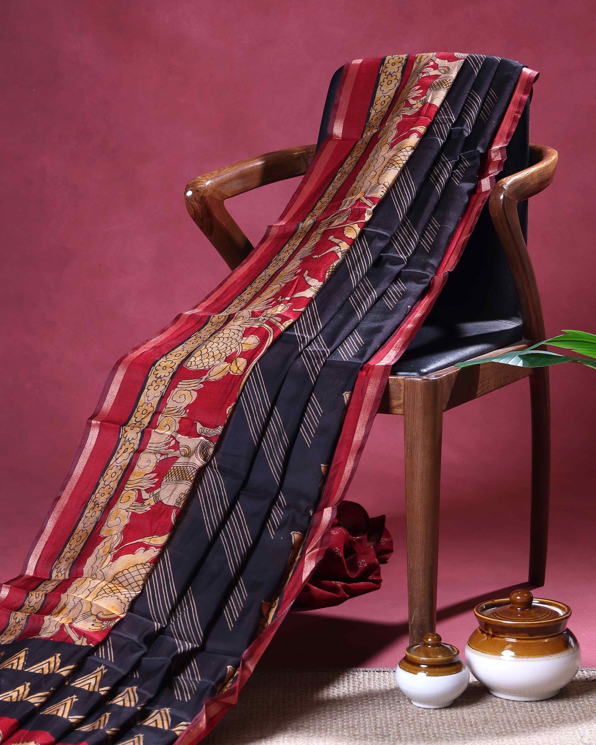 Elegant Semi Chanderi Saree with Traditional Kalamkari Inspired Border Diagonal Striped Body & Mythical Motif Pallu - Black