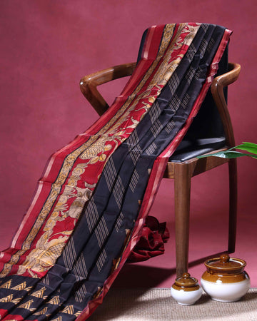 Elegant Semi Chanderi Saree with Traditional Kalamkari Inspired Border Diagonal Striped Body & Mythical Motif Pallu - Black