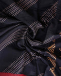 Elegant Semi Chanderi Saree with Traditional Kalamkari Inspired Border Diagonal Striped Body & Mythical Motif Pallu - Black -Close Up
