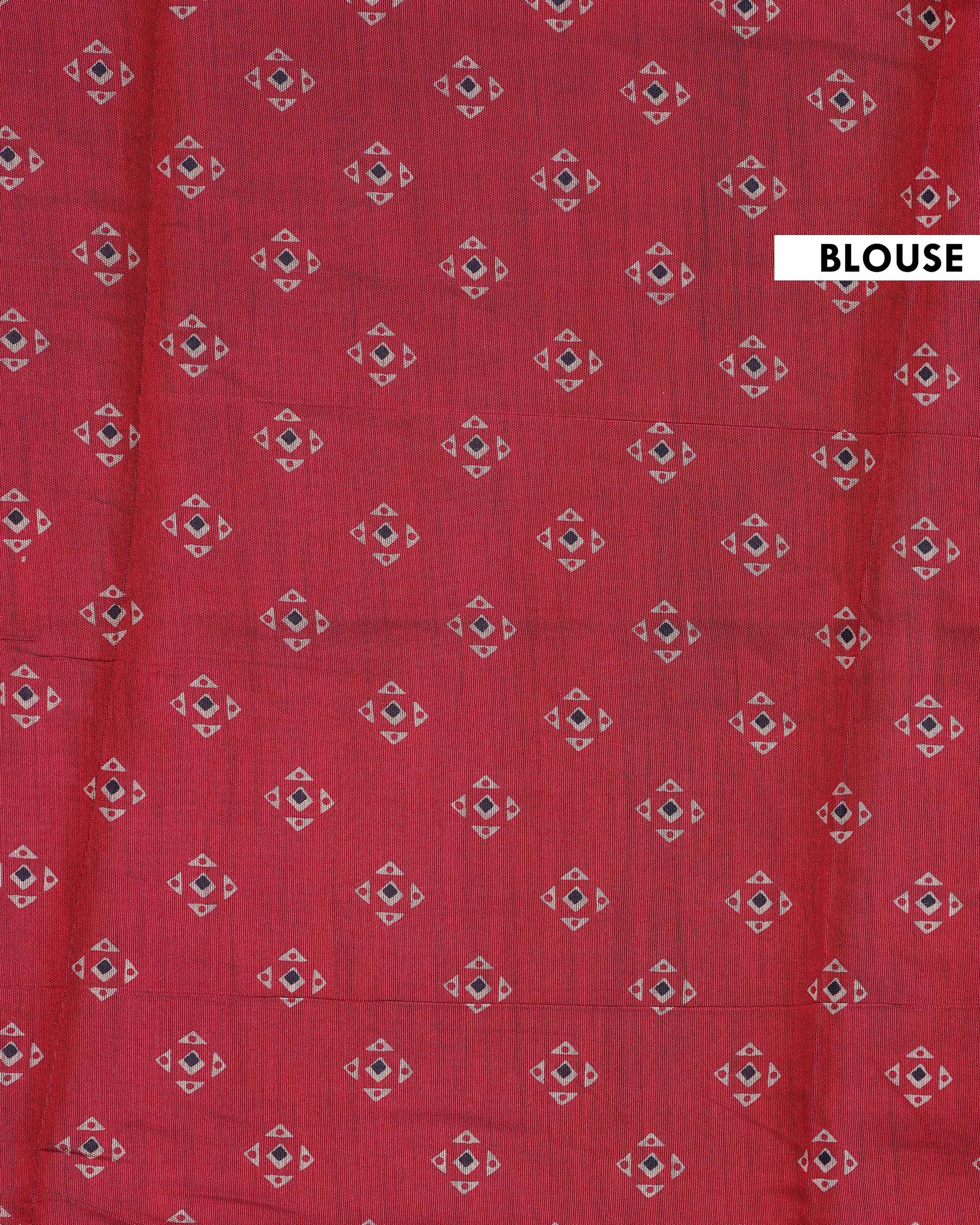 Elegant Semi Chanderi Saree with Traditional Kalamkari Inspired Border Diagonal Striped Body & Mythical Motif Pallu - Red-Blouse
