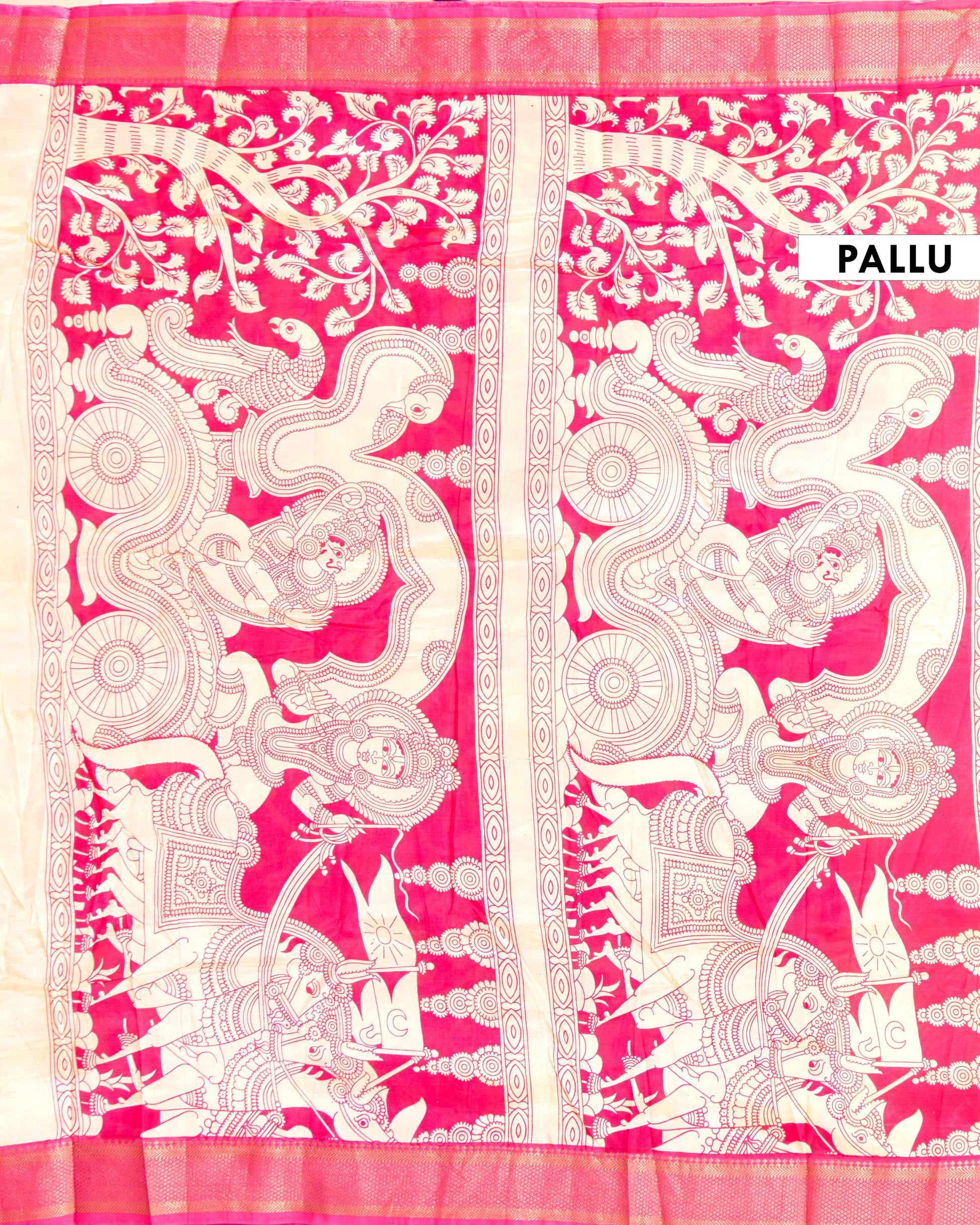 Elegant Semi Chanderi Saree with Traditional Kalamkari Print and Contrasting Border - Green