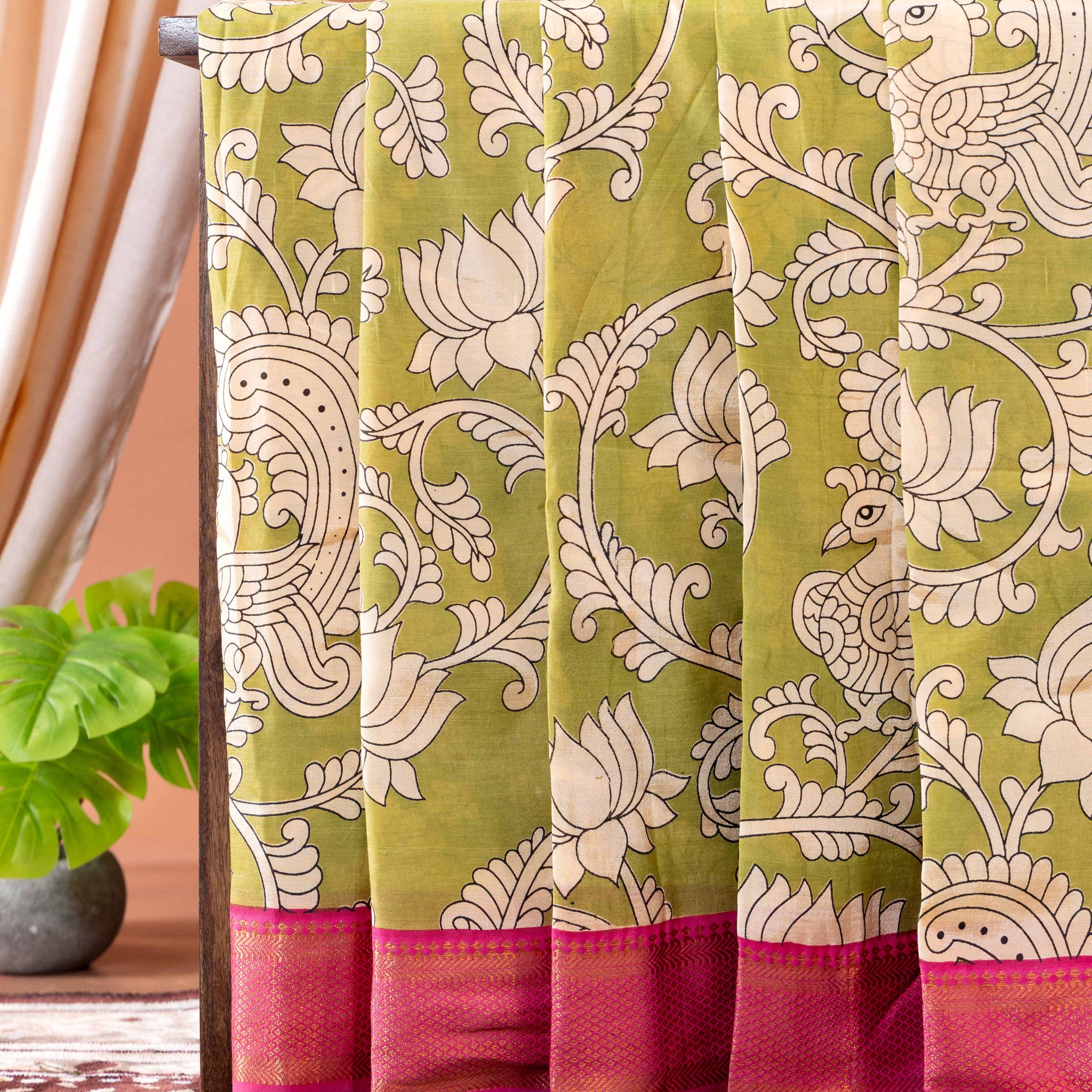 Elegant Semi Chanderi Saree with Traditional Kalamkari Print and Contrasting Border - Green