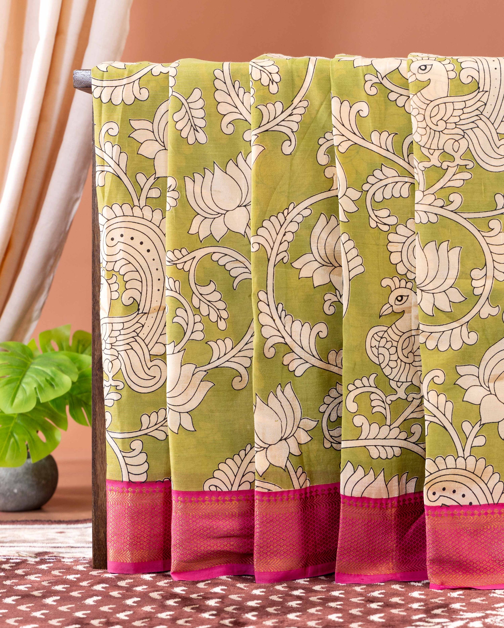 Elegant Semi Chanderi Saree with Traditional Kalamkari Print and Contrasting Border - Green