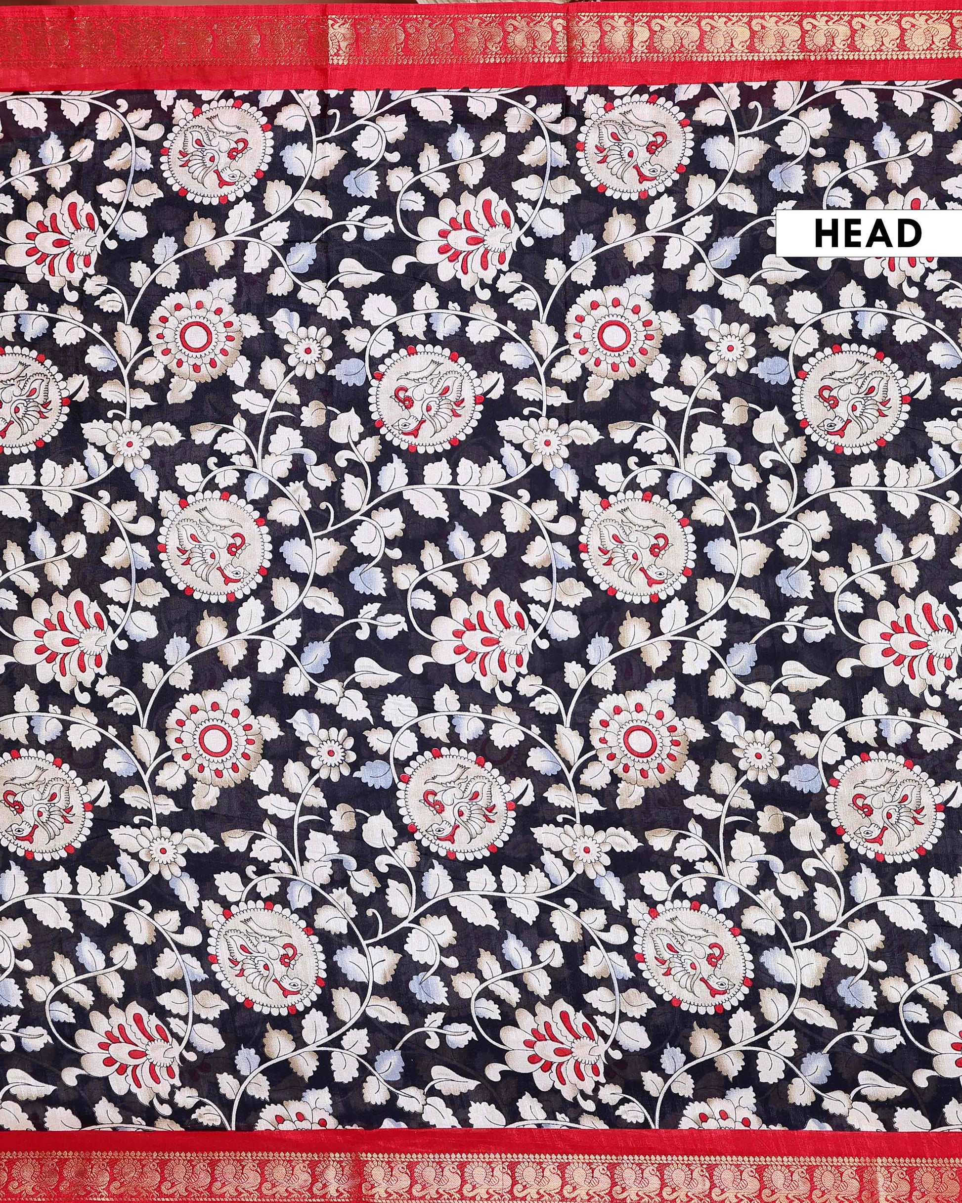 Elegant Semi Chanderi Saree with Traditional Kalamkari Print and Contrasting Peacock Pallu Design- Black