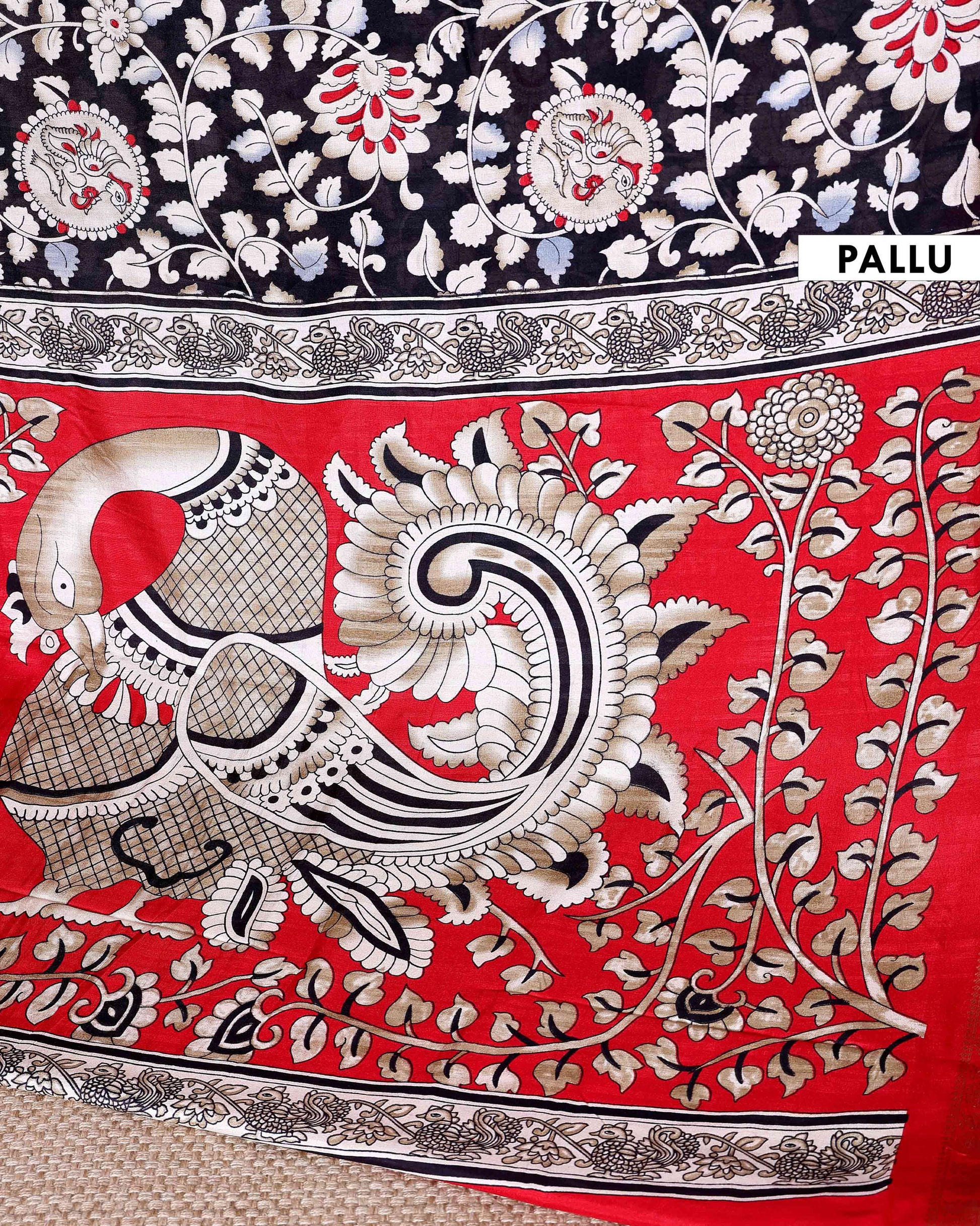 Elegant Semi Chanderi Saree with Traditional Kalamkari Print and Contrasting Peacock Pallu Design- Black