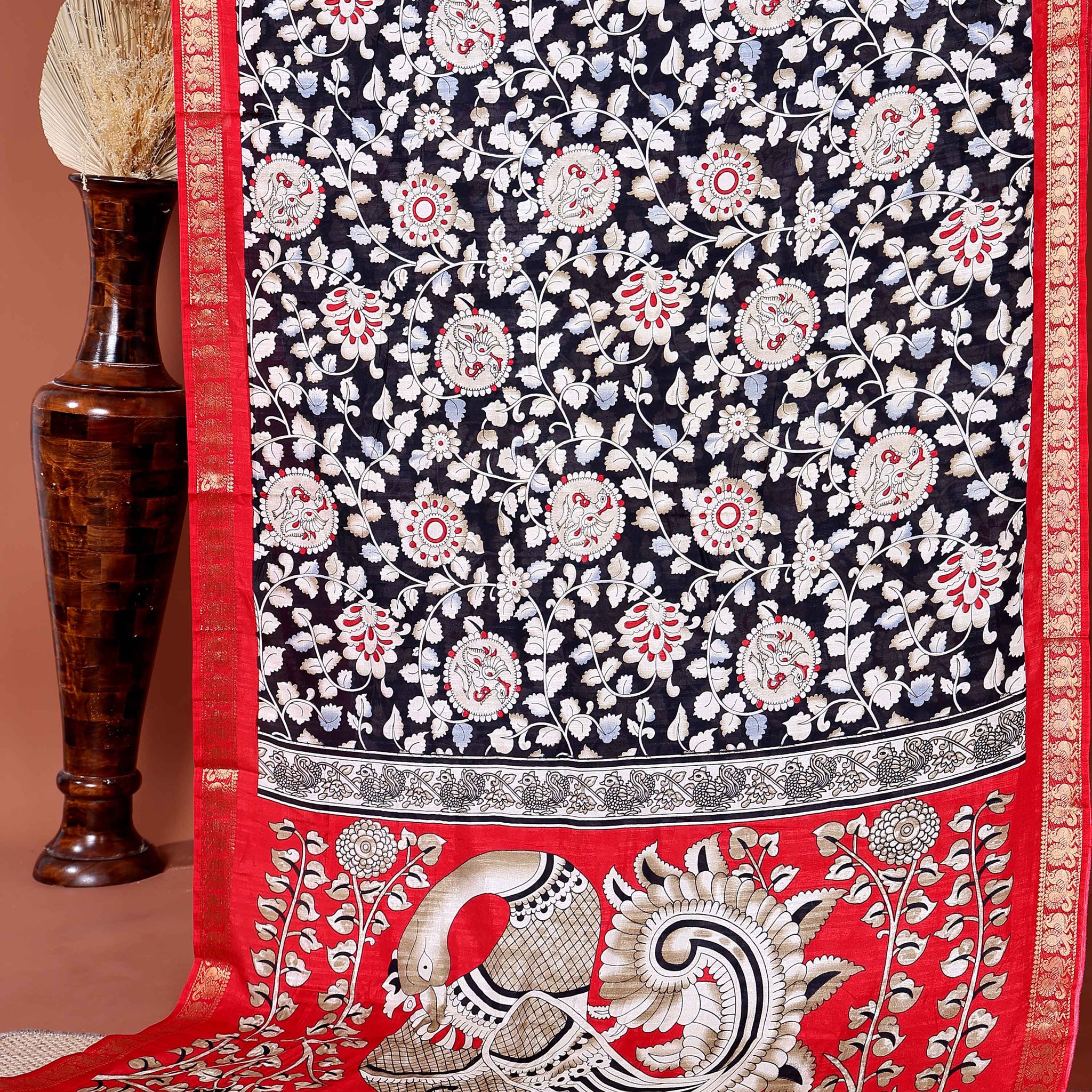 Elegant Semi Chanderi Saree with Traditional Kalamkari Print and Contrasting Peacock Pallu Design- Black