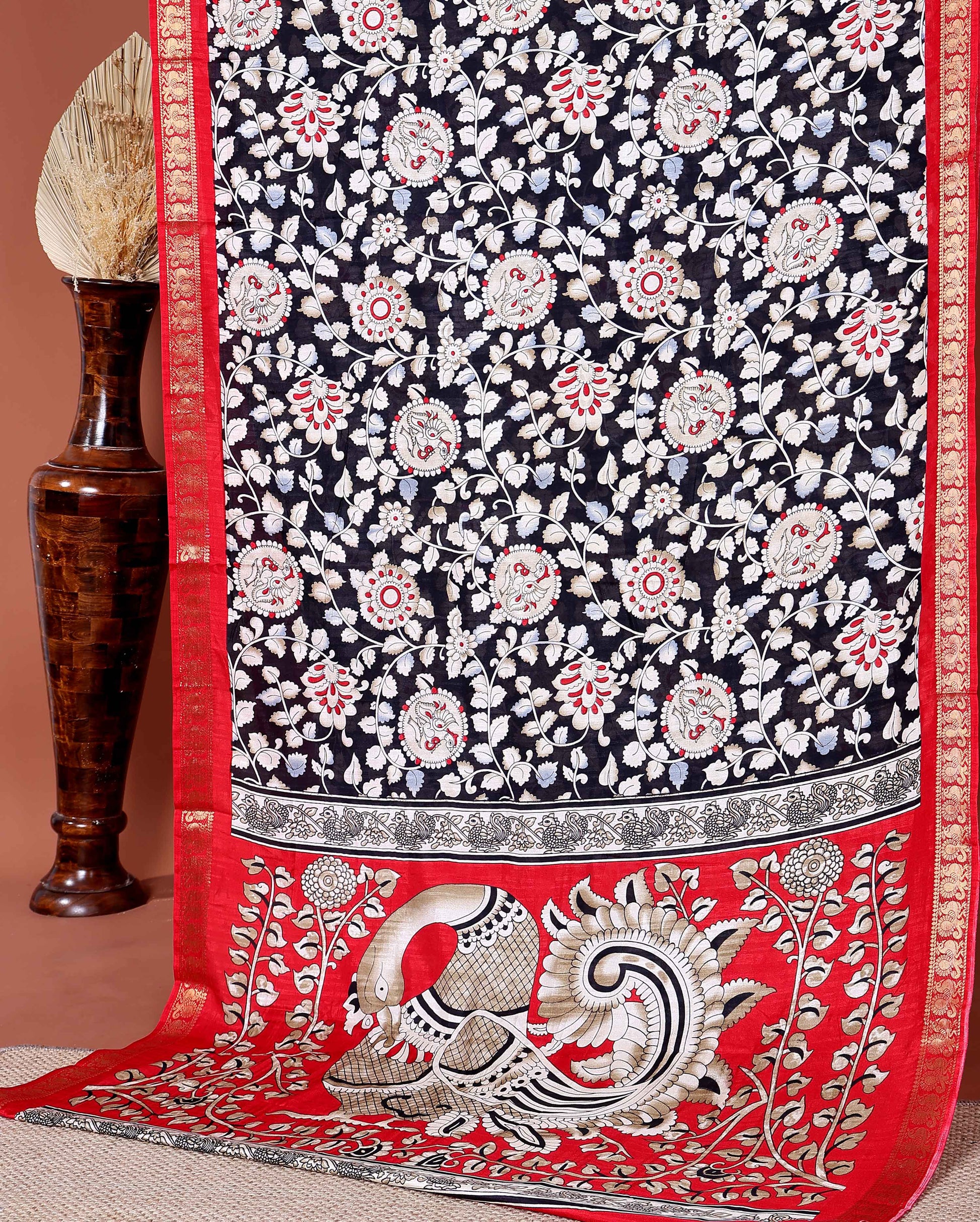 Elegant Semi Chanderi Saree with Traditional Kalamkari Print and Contrasting Peacock Pallu Design- Black