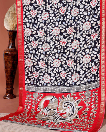 Elegant Semi Chanderi Saree with Traditional Kalamkari Print and Contrasting Peacock Pallu Design- Black