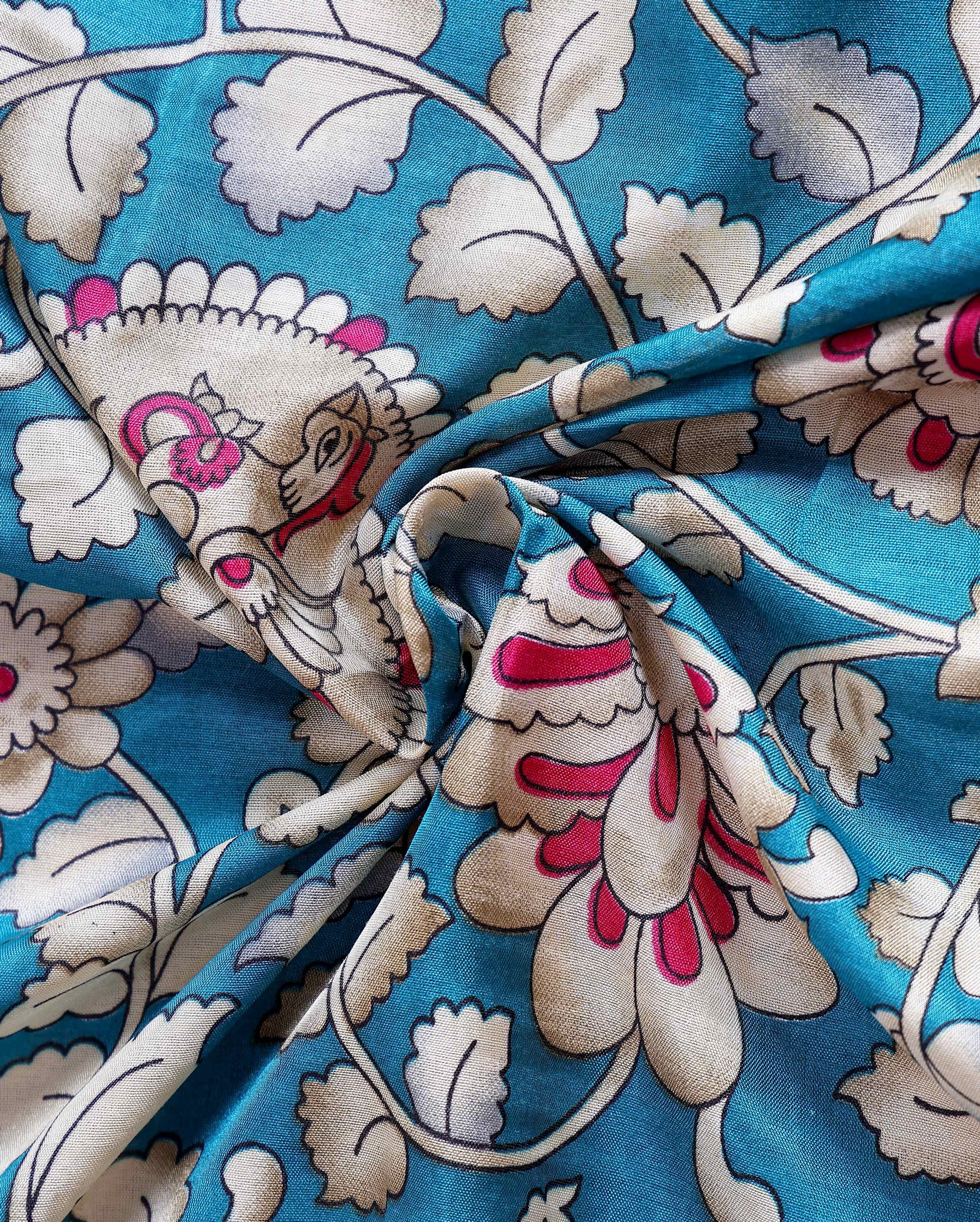 Elegant Semi Chanderi Saree with Traditional Kalamkari Print and Contrasting Peacock Pallu Design- Blue