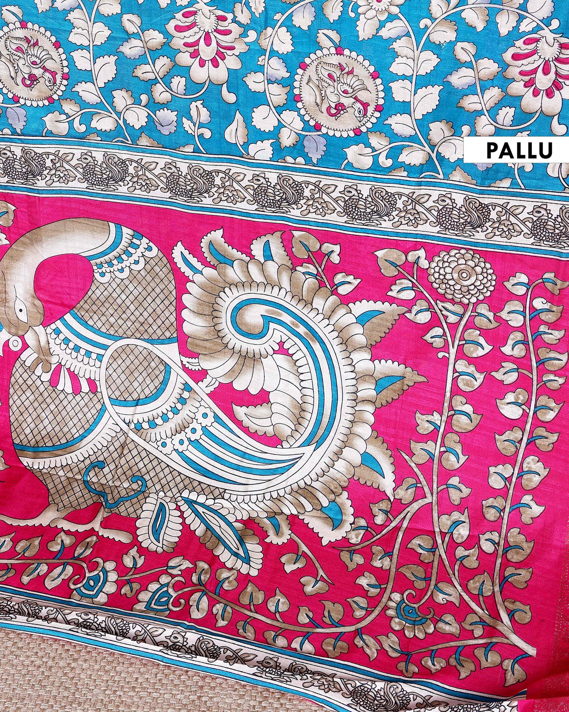 Elegant Semi Chanderi Saree with Traditional Kalamkari Print and Contrasting Peacock Pallu Design- Blue