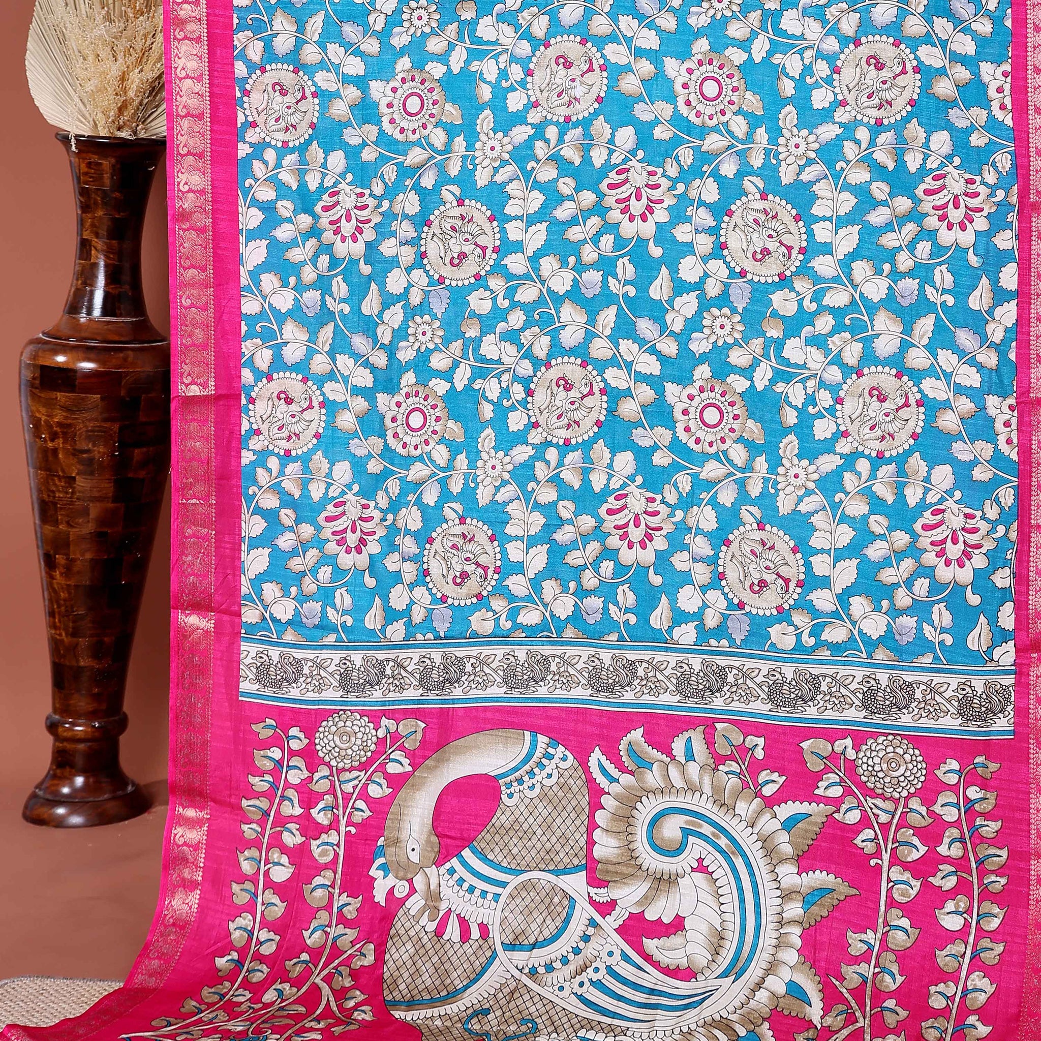 Elegant Semi Chanderi Saree with Traditional Kalamkari Print and Contrasting Peacock Pallu Design- Blue