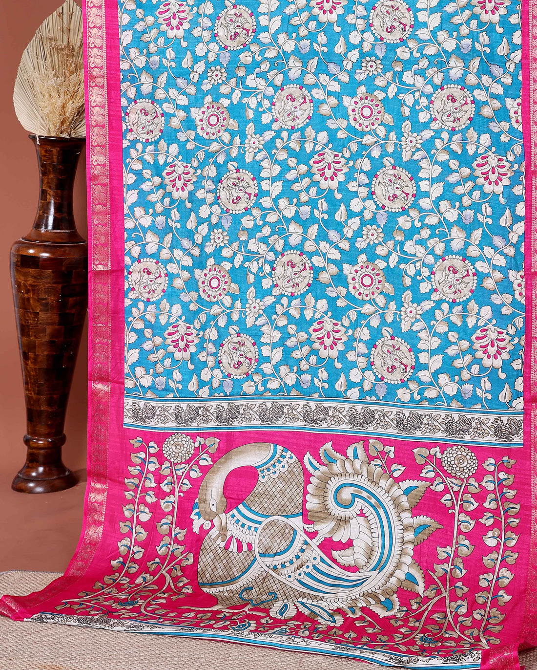 Elegant Semi Chanderi Saree with Traditional Kalamkari Print and Contrasting Peacock Pallu Design- Blue