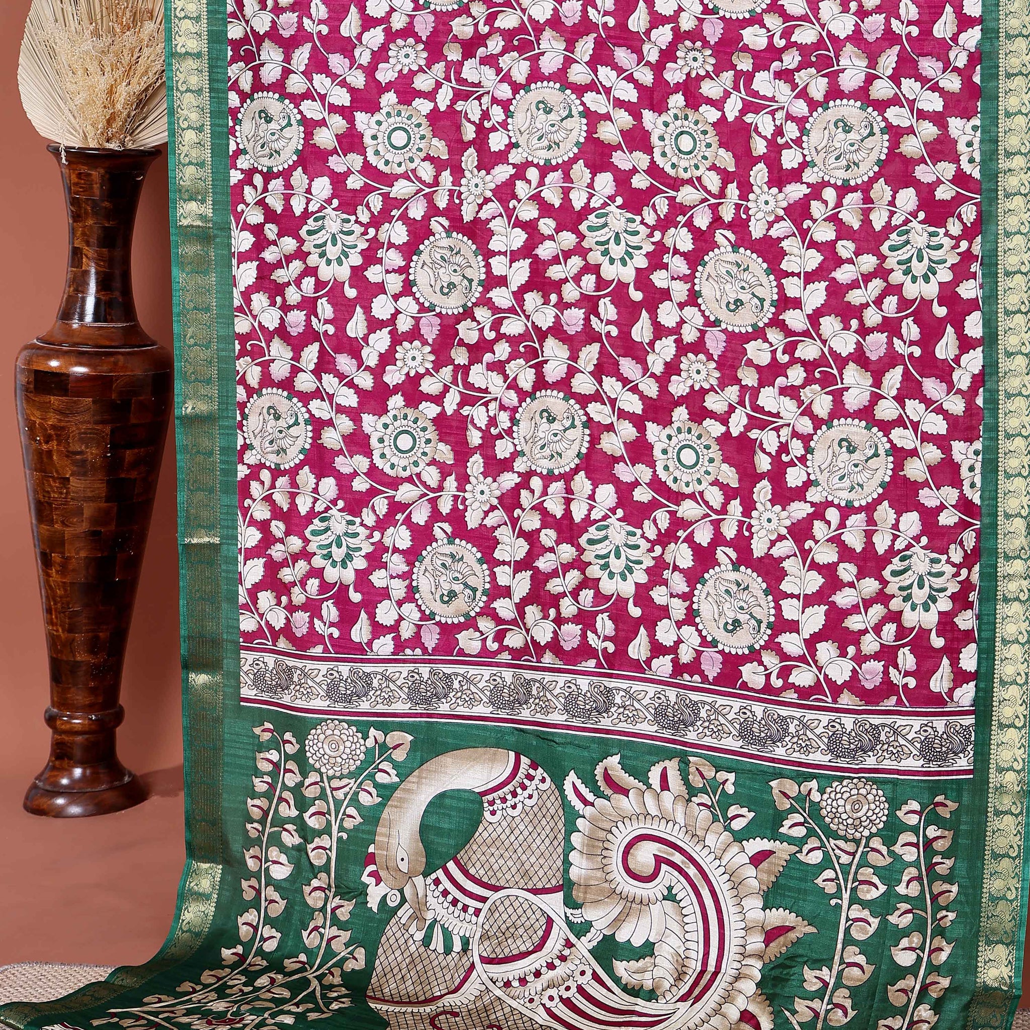 Elegant Semi Chanderi Saree with Traditional Kalamkari Print and Contrasting Peacock Pallu Design- Dark Purple 