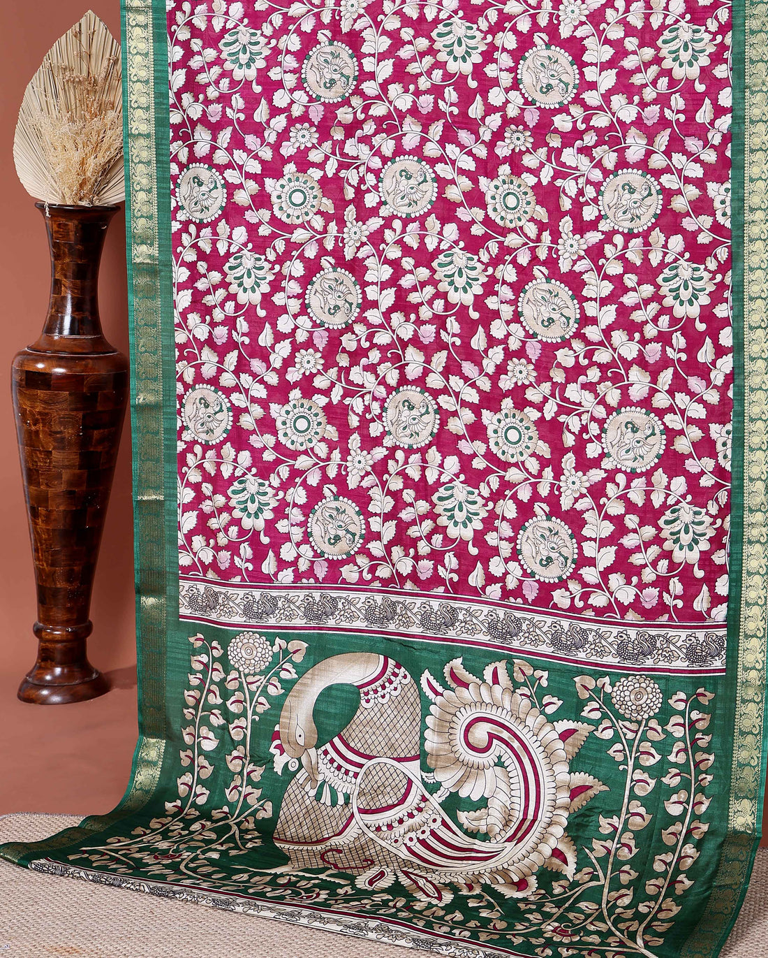 Elegant Semi Chanderi Saree with Traditional Kalamkari Print and Contrasting Peacock Pallu Design- Dark Purple 