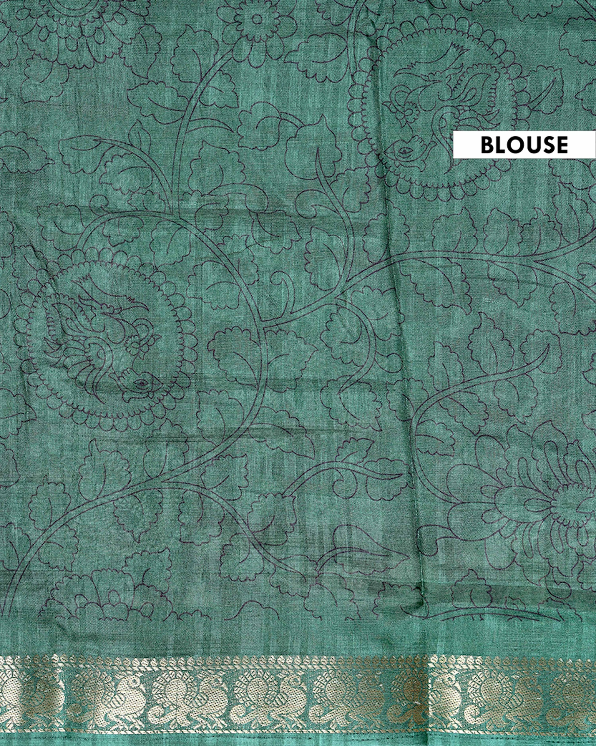 Elegant Semi Chanderi Saree with Traditional Kalamkari Print and Contrasting Peacock Pallu Design- Dark Purple 