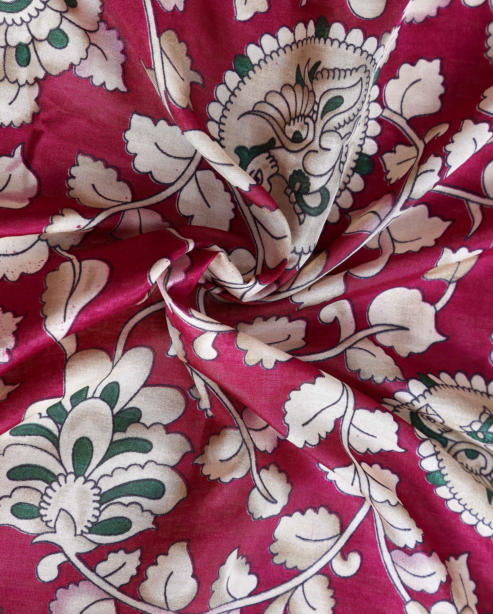 Elegant Semi Chanderi Saree with Traditional Kalamkari Print and Contrasting Peacock Pallu Design- Dark Purple 