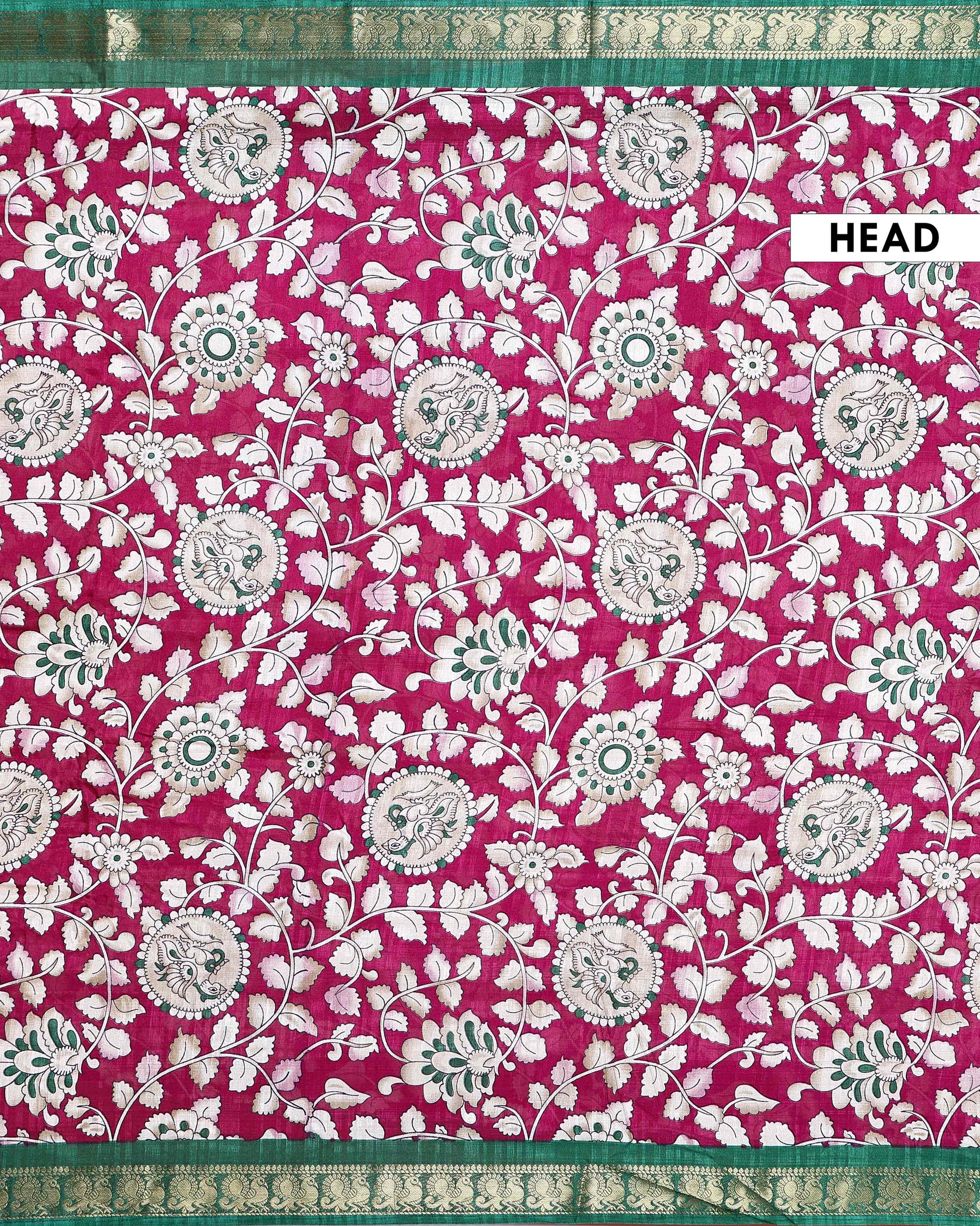 Elegant Semi Chanderi Saree with Traditional Kalamkari Print and Contrasting Peacock Pallu Design- Dark Purple 