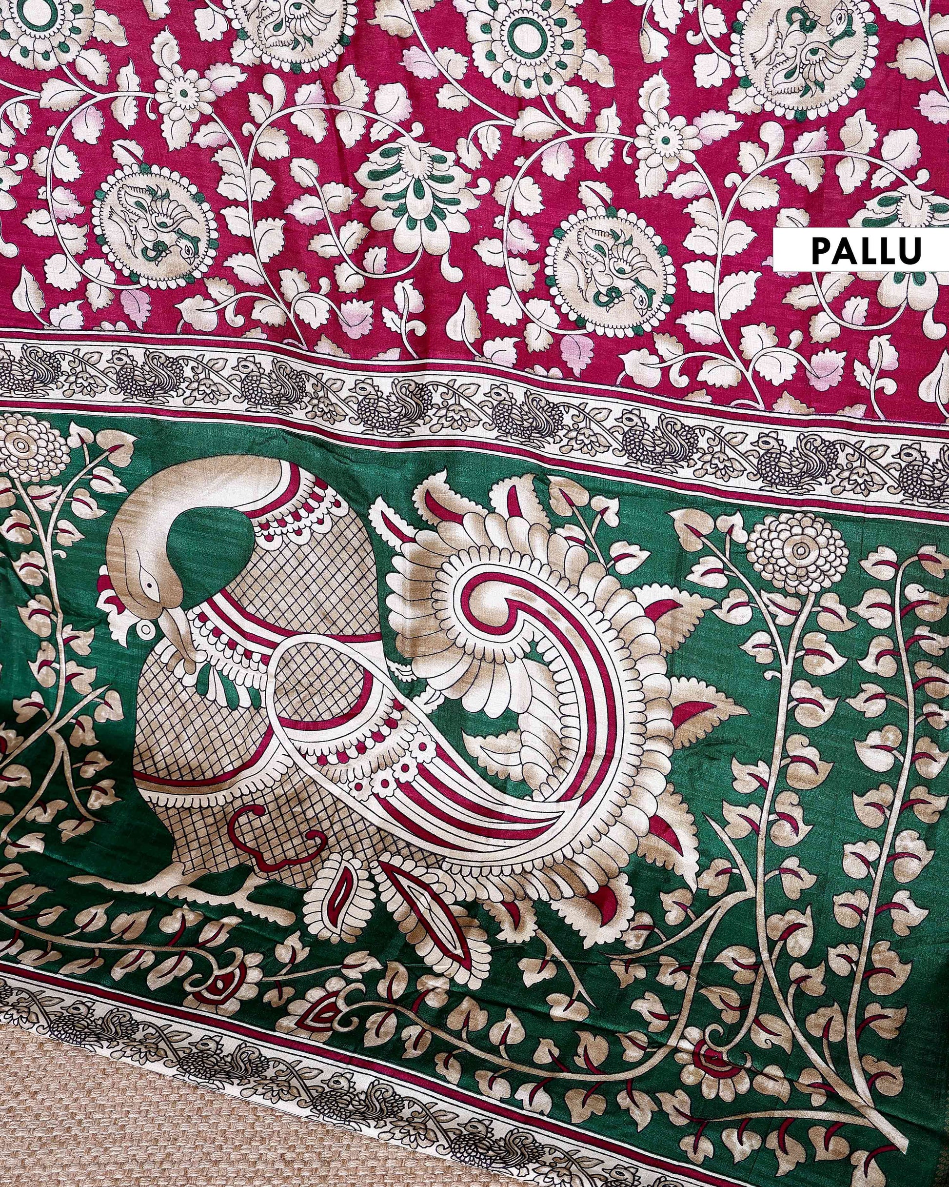 Elegant Semi Chanderi Saree with Traditional Kalamkari Print and Contrasting Peacock Pallu Design- Dark Purple 