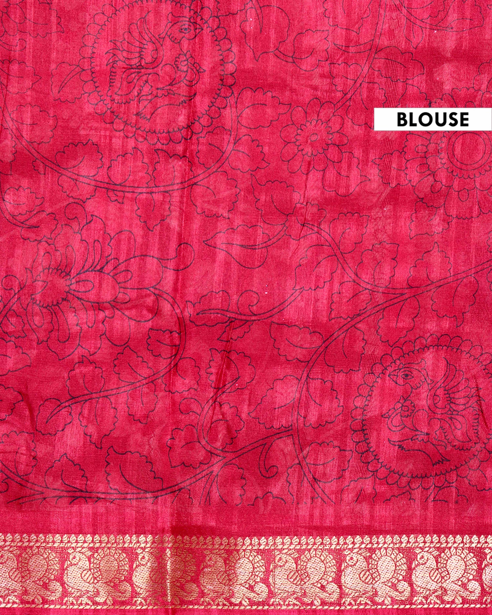 Elegant Semi Chanderi Saree with Traditional Kalamkari Print and Contrasting Peacock Pallu Design- Green