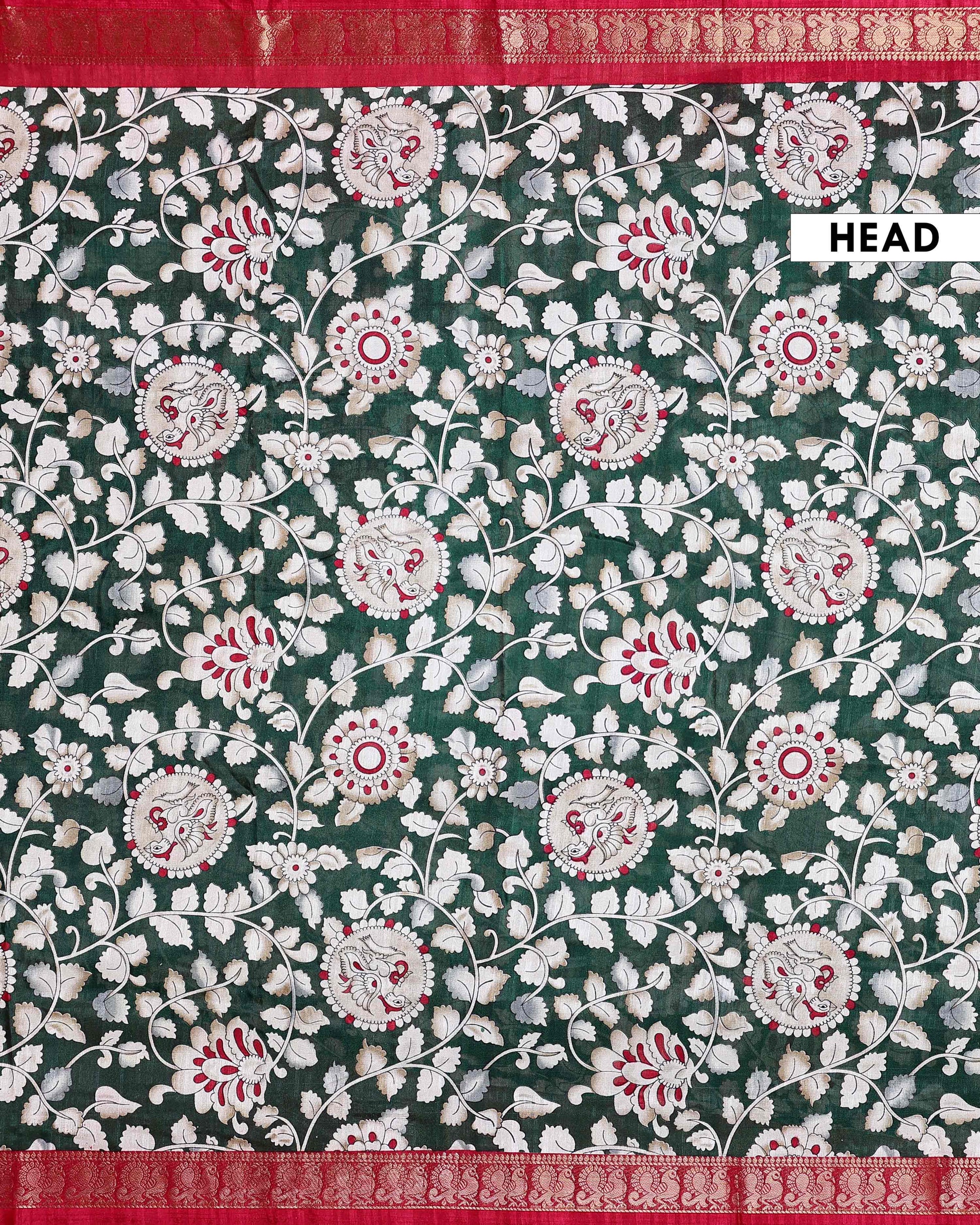 Elegant Semi Chanderi Saree with Traditional Kalamkari Print and Contrasting Peacock Pallu Design- Green