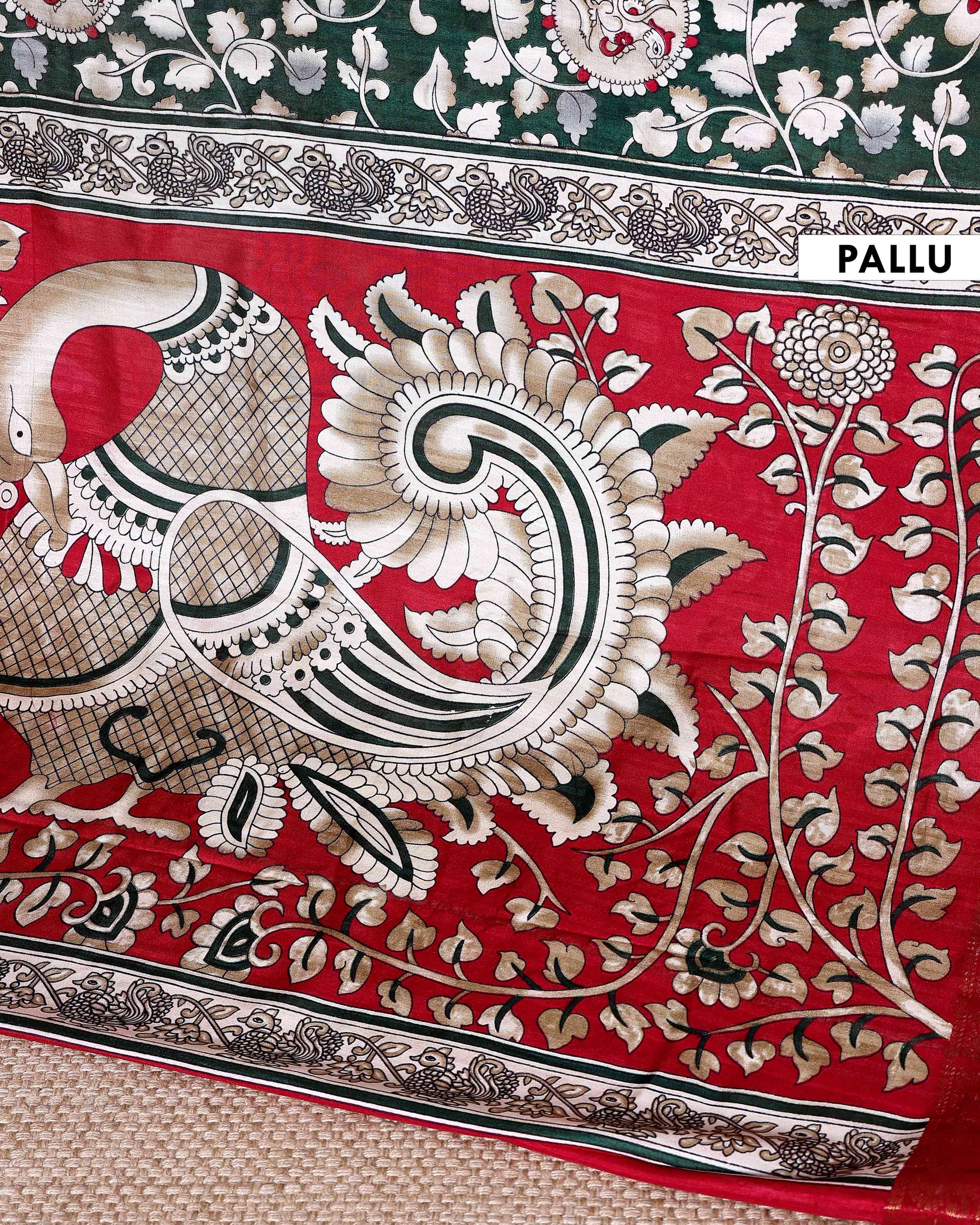 Elegant Semi Chanderi Saree with Traditional Kalamkari Print and Contrasting Peacock Pallu Design- Green