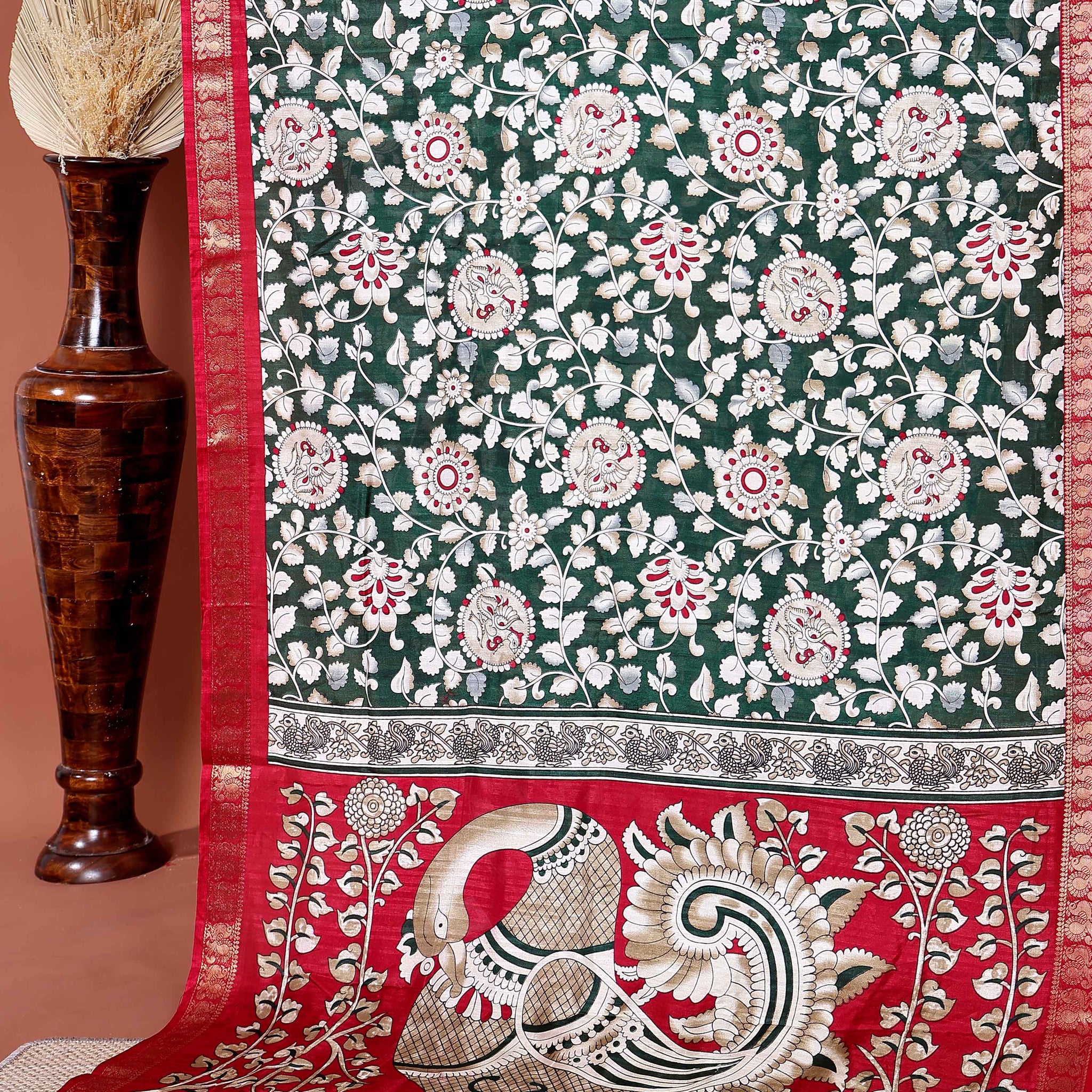 Elegant Semi Chanderi Saree with Traditional Kalamkari Print and Contrasting Peacock Pallu Design- Green